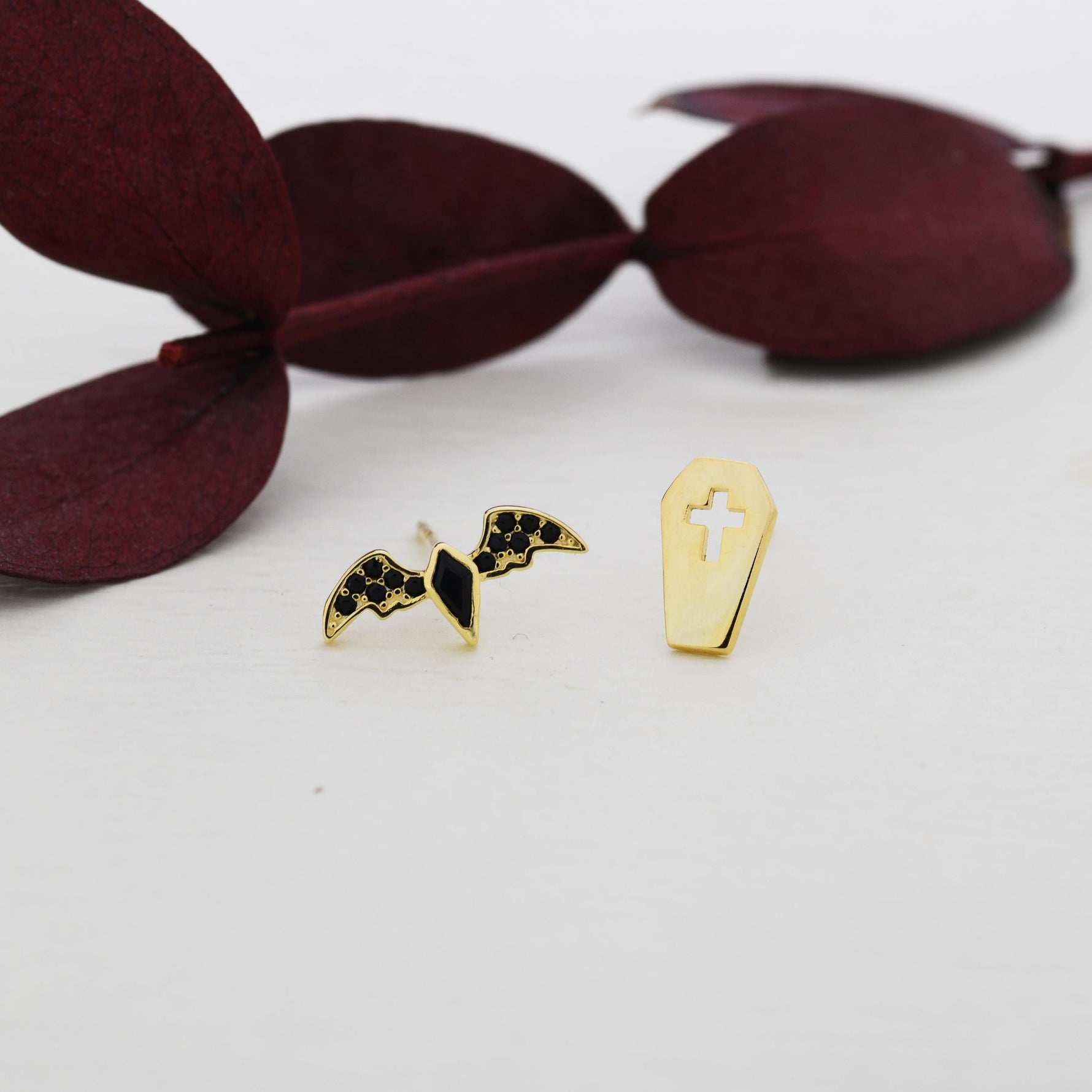 Mismatched Coffin and Bat Stud Earrings in Sterling Silver, Silver or Gold, Asymmetric Bat and Coffin Cross Earrings, Vampire Earrings