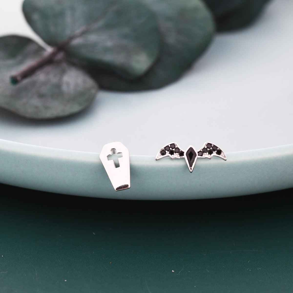 Mismatched Coffin and Bat Stud Earrings in Sterling Silver, Silver or Gold, Asymmetric Bat and Coffin Cross Earrings, Vampire Earrings