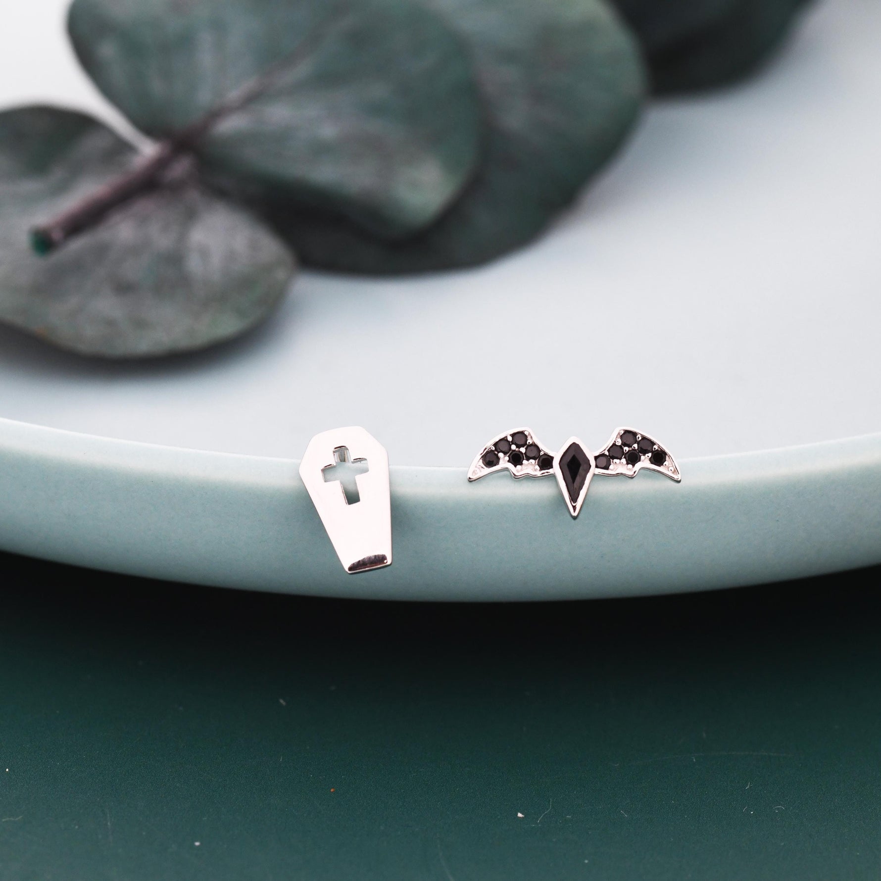 Mismatched Coffin and Bat Stud Earrings in Sterling Silver, Silver or Gold, Asymmetric Bat and Coffin Cross Earrings, Vampire Earrings