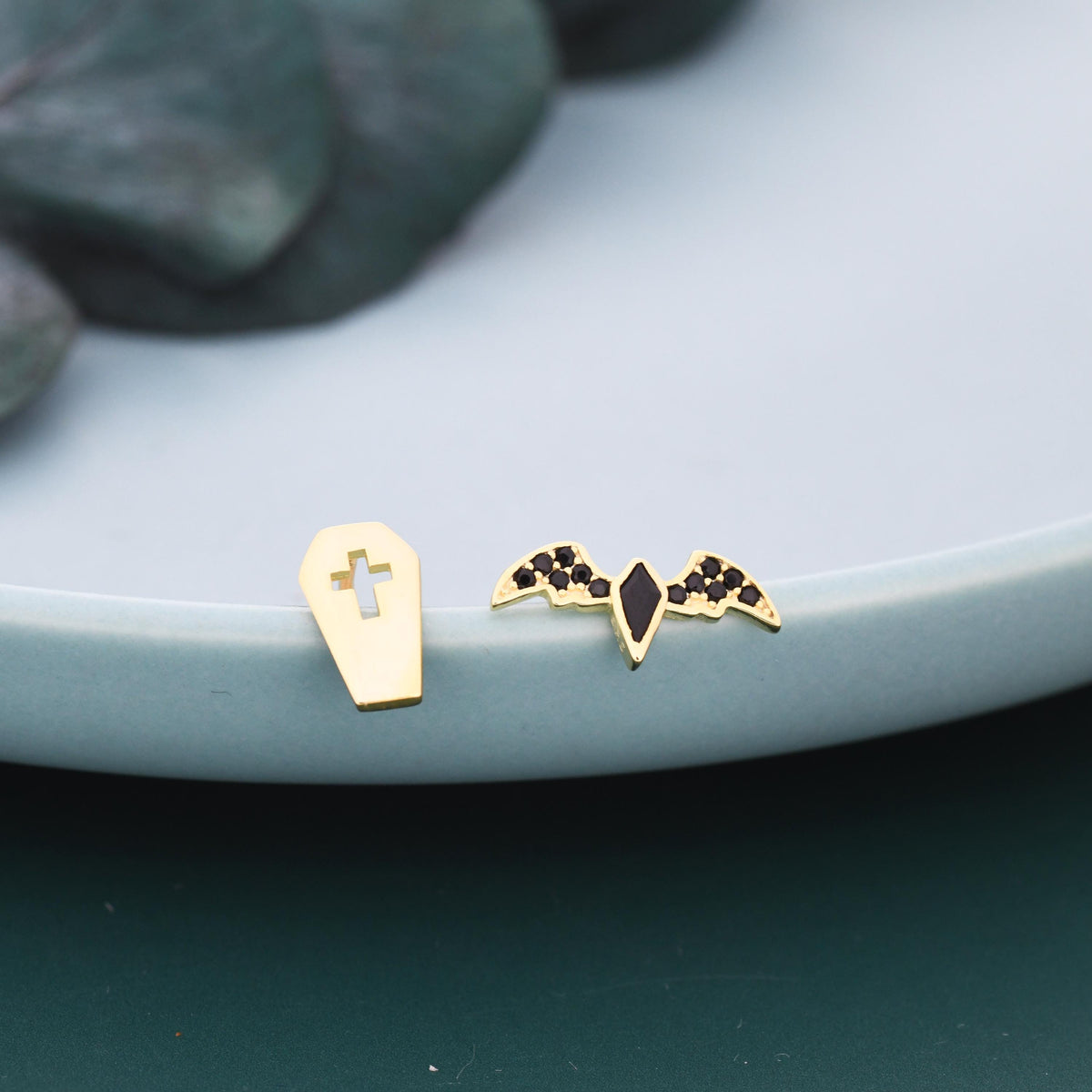 Mismatched Coffin and Bat Stud Earrings in Sterling Silver, Silver or Gold, Asymmetric Bat and Coffin Cross Earrings, Vampire Earrings