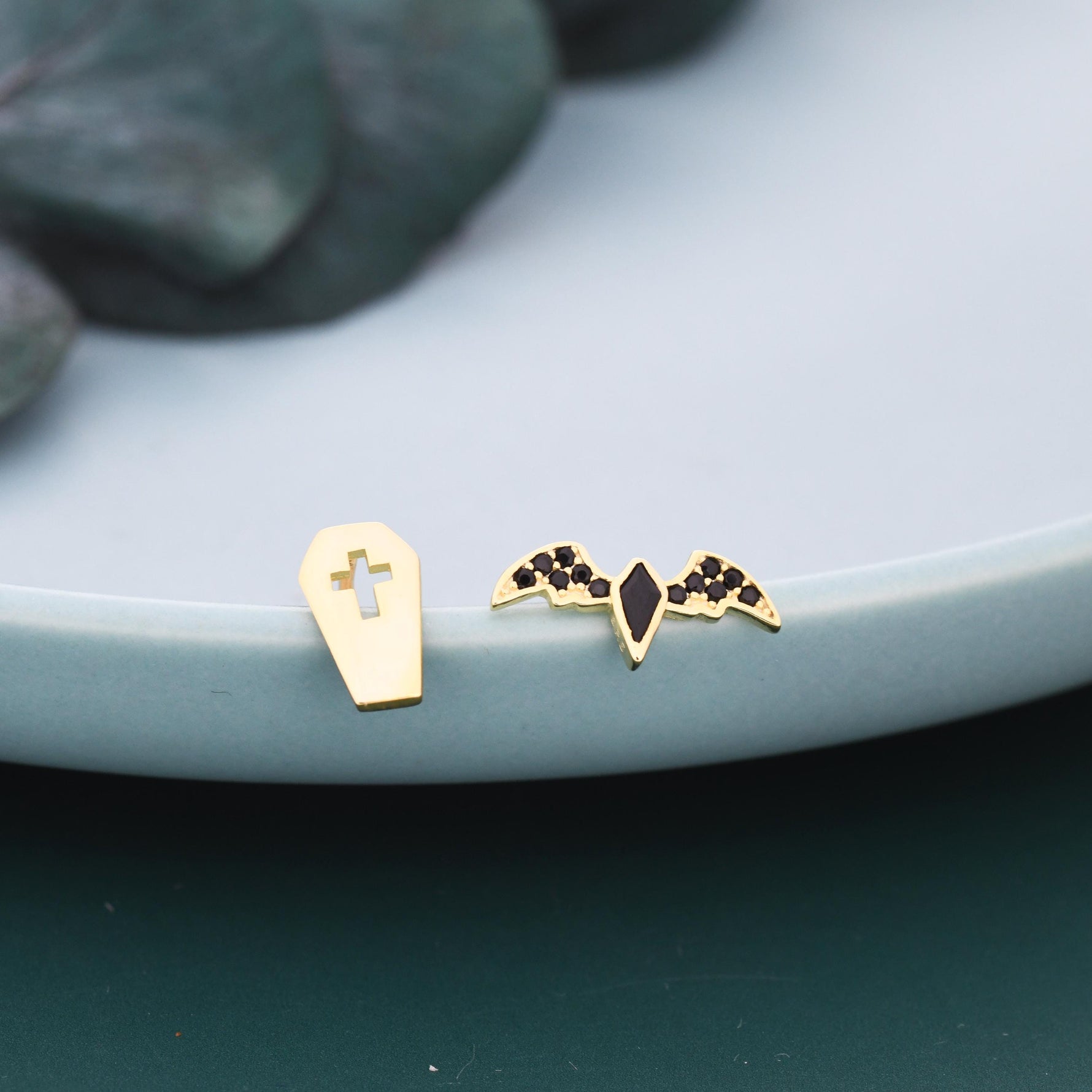 Mismatched Coffin and Bat Stud Earrings in Sterling Silver, Silver or Gold, Asymmetric Bat and Coffin Cross Earrings, Vampire Earrings