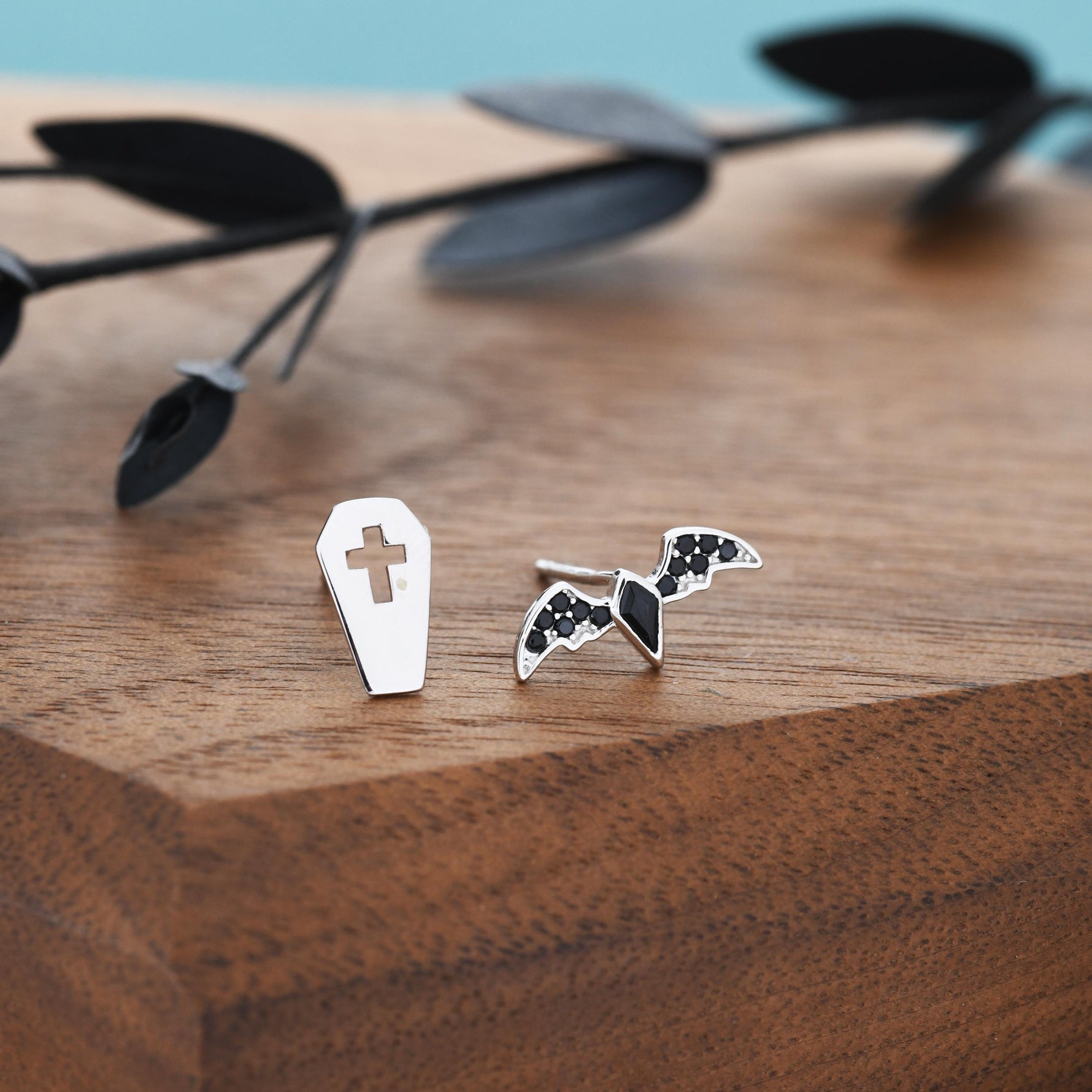 Mismatched Coffin and Bat Stud Earrings in Sterling Silver, Silver or Gold, Asymmetric Bat and Coffin Cross Earrings, Vampire Earrings