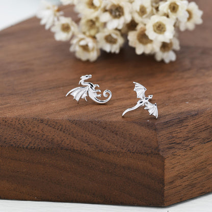 Extra Tiny Mismatched Dragon Stud Earrings in Sterling Silver, Silver or Gold or Rose Gold, Asymmetric Dragon Stud Earrings