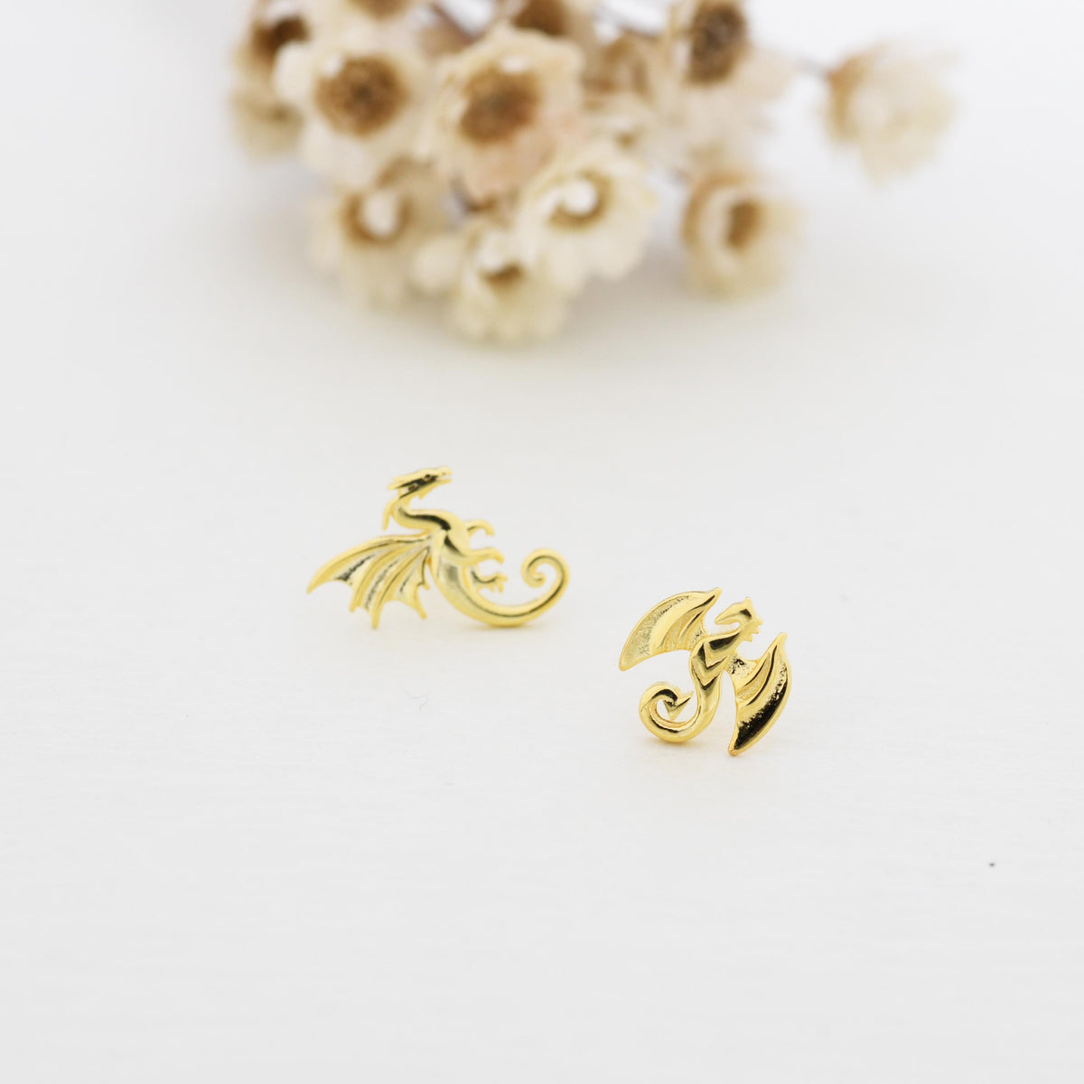 Tiny Mismatched Dragon Stud Earrings in Sterling Silver, Silver or Gold, Asymmetric Dragon Stud Earrings