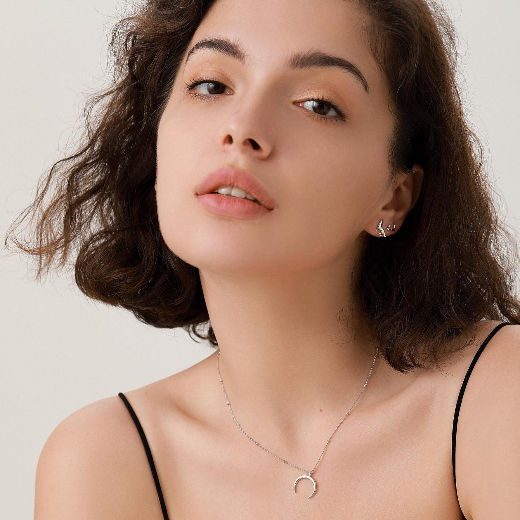 Mismatched Wolf and Moon Stud Earrings in Sterling Silver, Silver, Gold or Rose Gold, Asymmetric Wolf and Crescent Moon Earrings