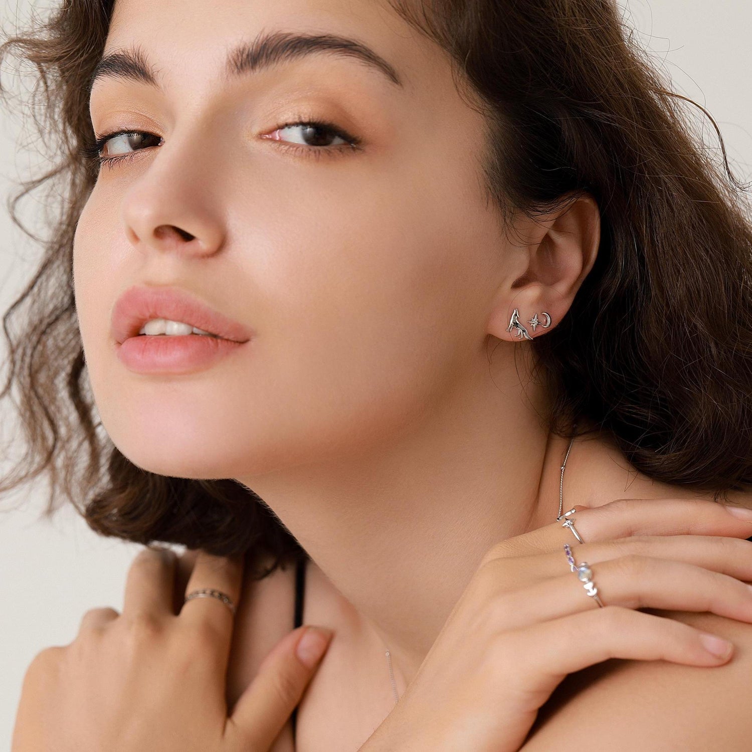 Mismatched Wolf and Moon Stud Earrings in Sterling Silver, Silver, Gold or Rose Gold, Asymmetric Wolf and Crescent Moon Earrings