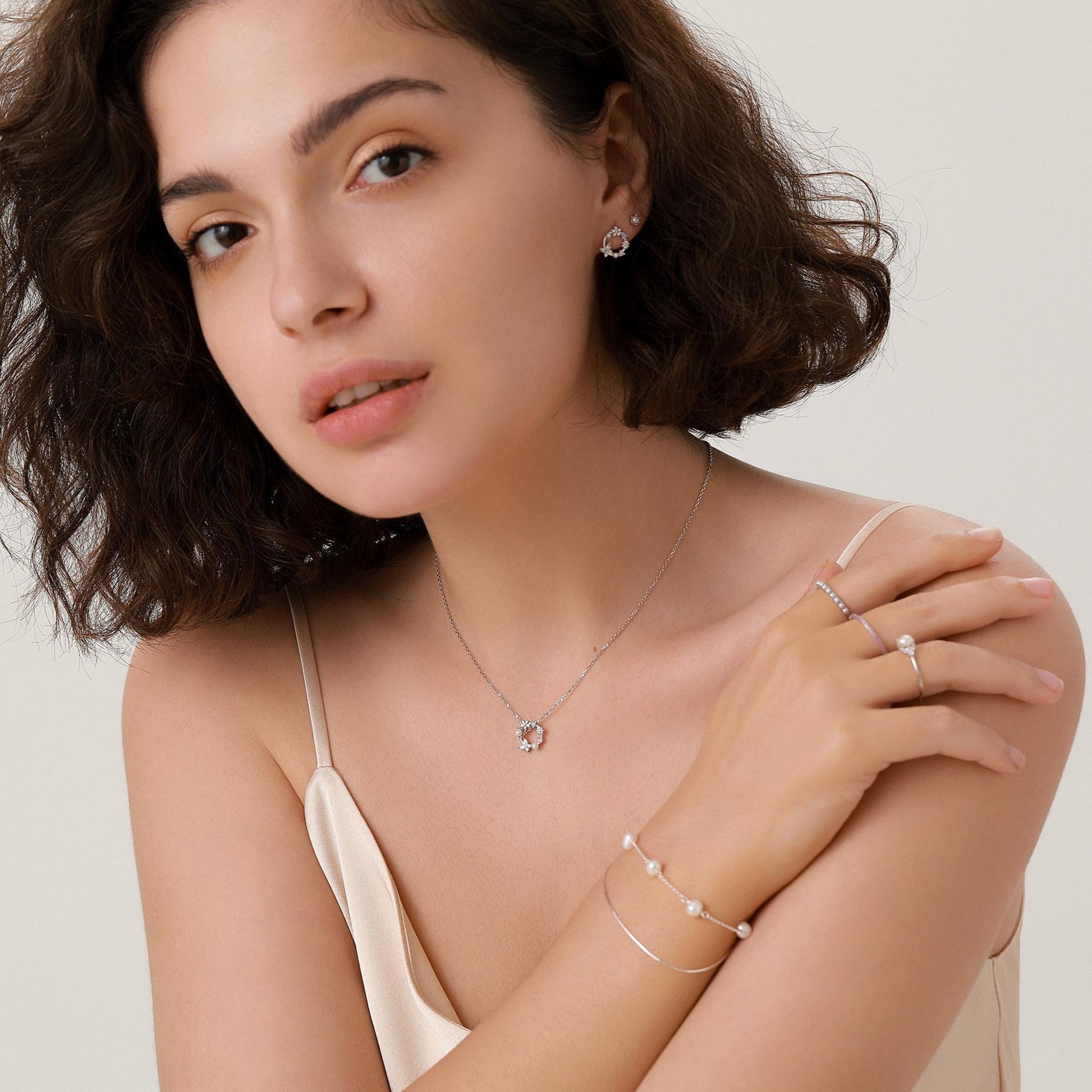 Forget Me Not Flower and Butterfly Wreath Necklace in Sterling Silver, Silver or Gold or Rose Gold, Tiny CZ and Flower Necklace