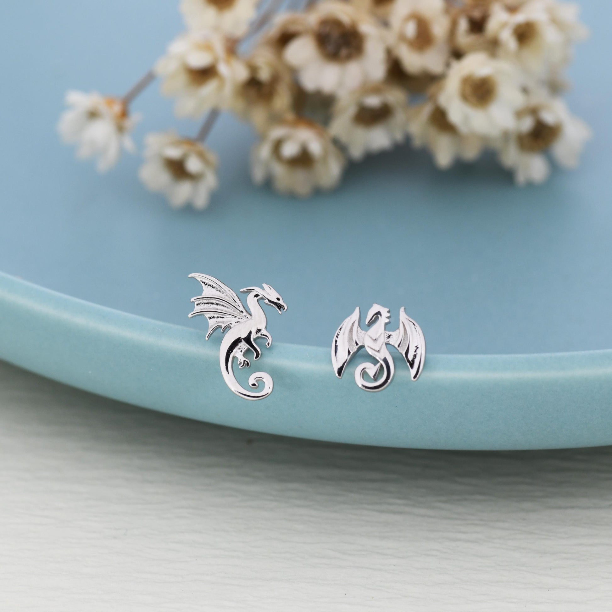 Mismatched Dragon Screw Back / Flat Back / Stud Earrings in Sterling Silver, Silver or Gold Finish, Asymmetric Dragon Stud Earrings