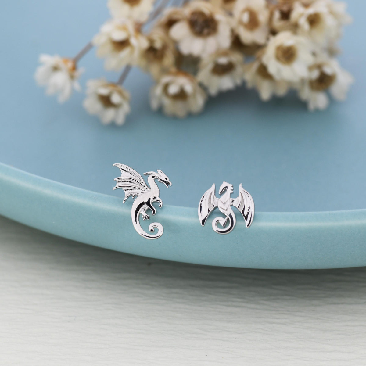 Tiny Mismatched Dragon Stud Earrings in Sterling Silver, Silver or Gold, Asymmetric Dragon Stud Earrings