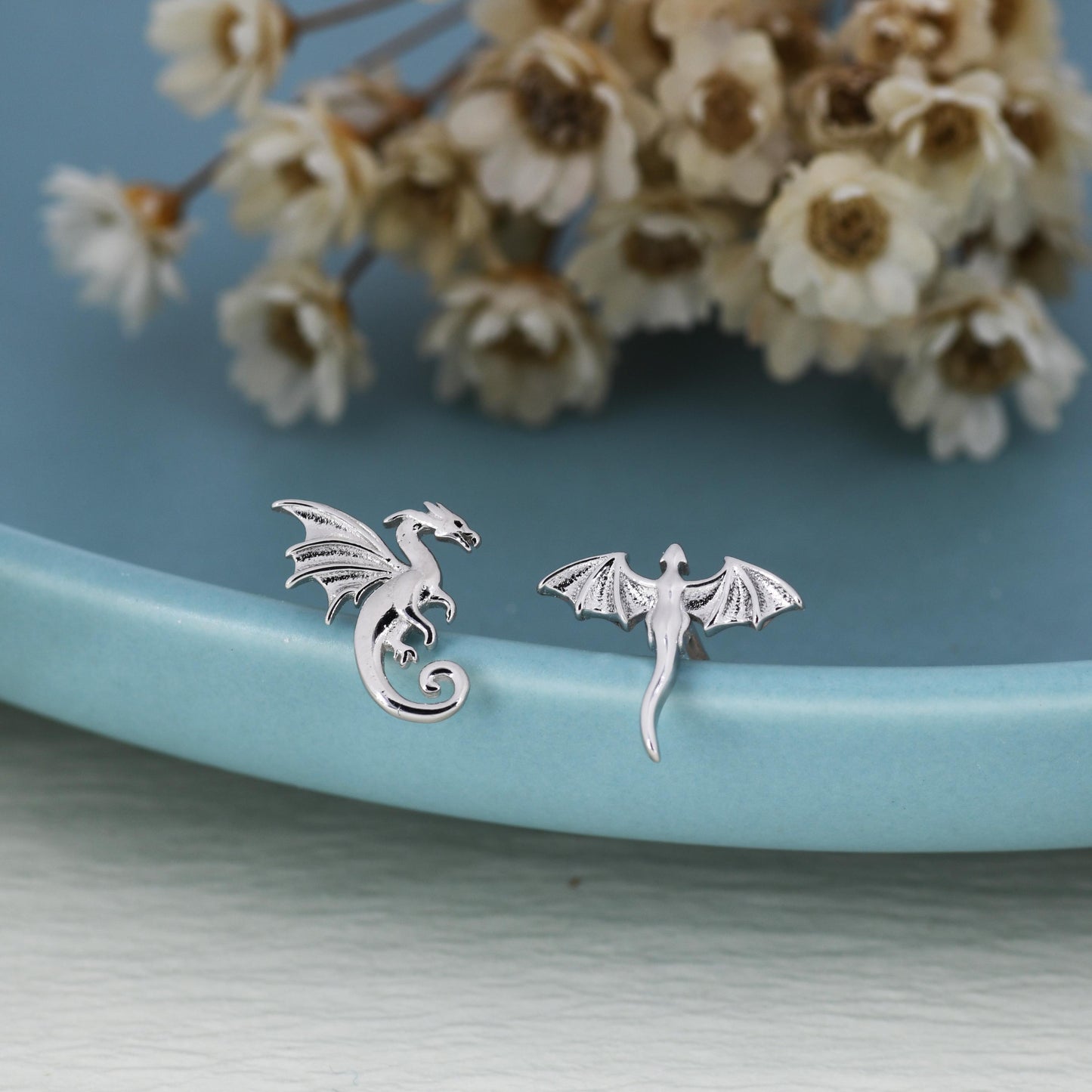 Extra Tiny Mismatched Dragon Stud Earrings in Sterling Silver, Silver or Gold or Rose Gold, Asymmetric Dragon Stud Earrings