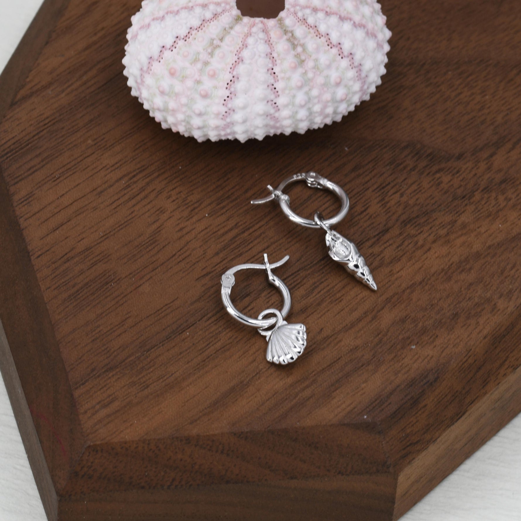 Mismatched Shell Huggie Hoops Earrings in Sterling Silver, Silver or Gold or Rose Gold, Ocean Earrings, Asymmetric Sea Shell Earrings,