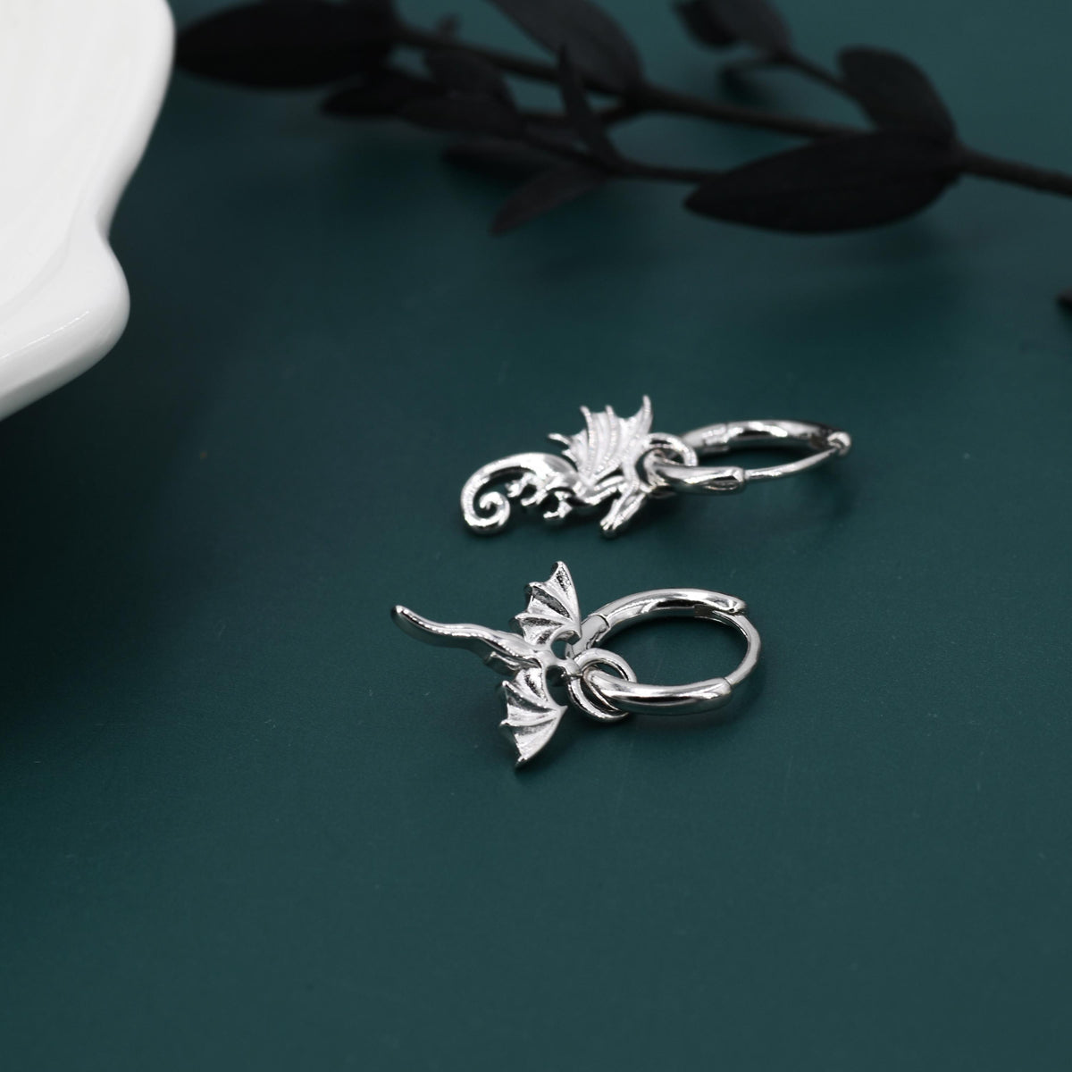 Mismatched Dragon Huggie Hoop in Sterling Silver, Silver or Gold or Rose Gold, Asymmetric, Detachable and Interchangeable