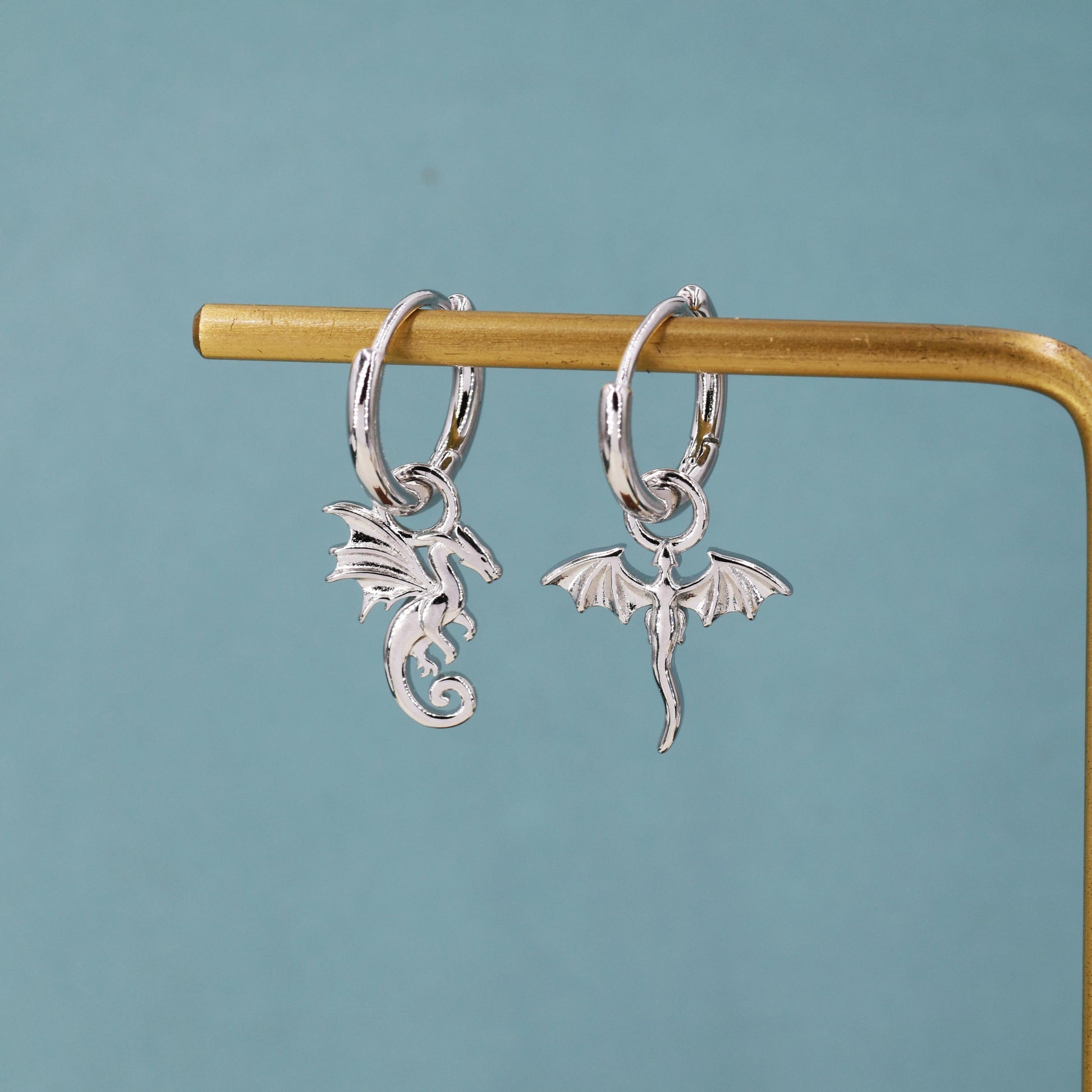 Mismatched Dragon Huggie Hoop in Sterling Silver, Silver or Gold or Rose Gold, Asymmetric, Detachable and Interchangeable