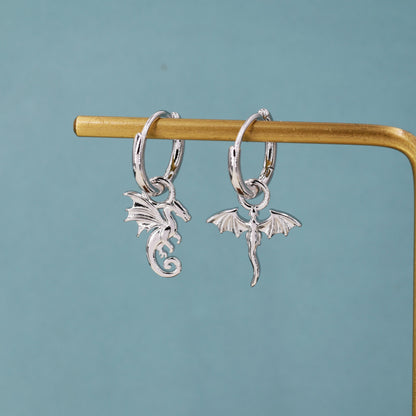 Mismatched Dragon Huggie Hoop in Sterling Silver, Silver or Gold or Rose Gold, Asymmetric, Detachable and Interchangeable