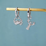 Mismatched Crab and Lobster Huggie Hoop Earrings in Sterling Silver, Silver or Gold or Rose Gold, Asymmetric Lobster and Crab Hoop Earrings