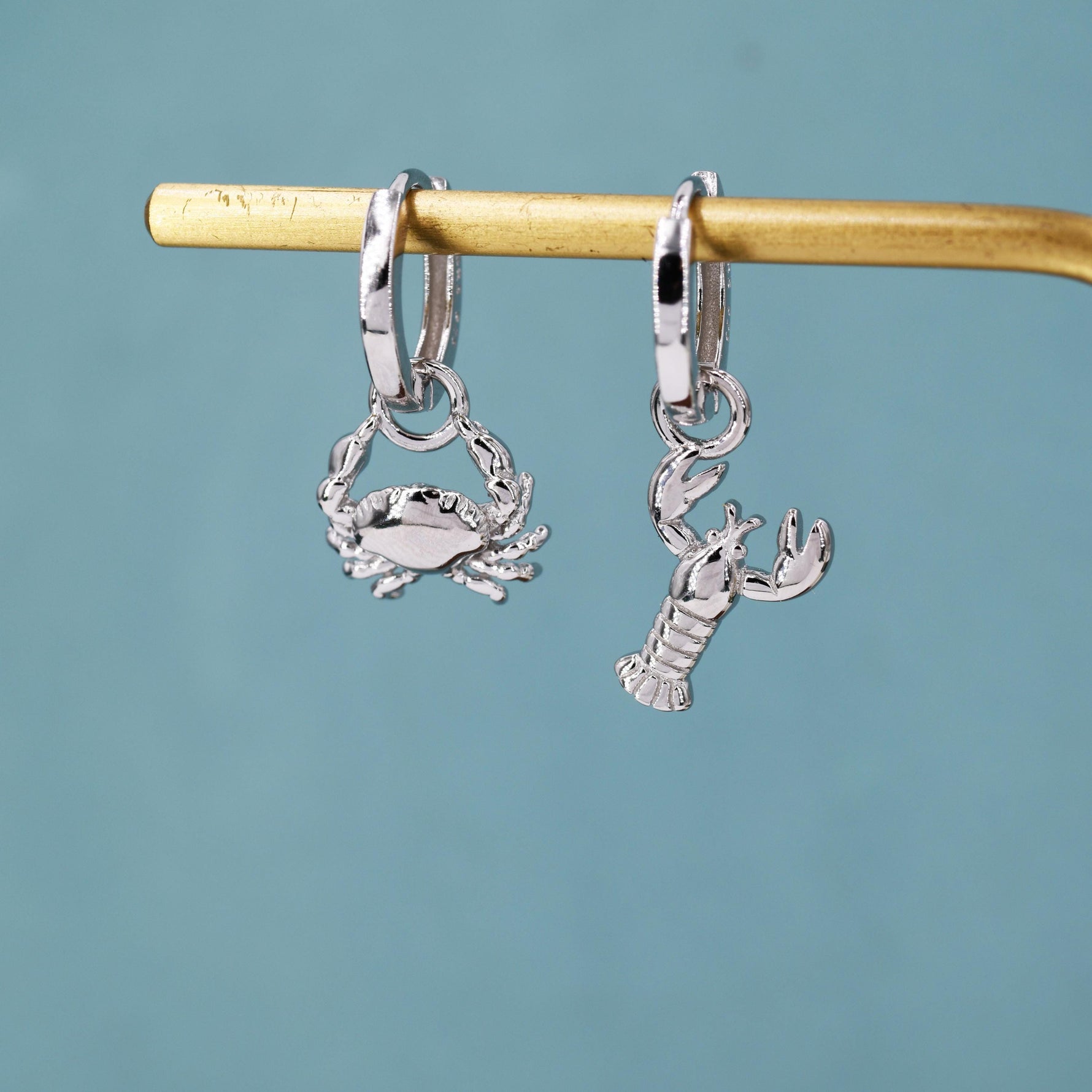 Mismatched Crab and Lobster Huggie Hoop Earrings in Sterling Silver, Silver or Gold or Rose Gold, Asymmetric Lobster and Crab Hoop Earrings