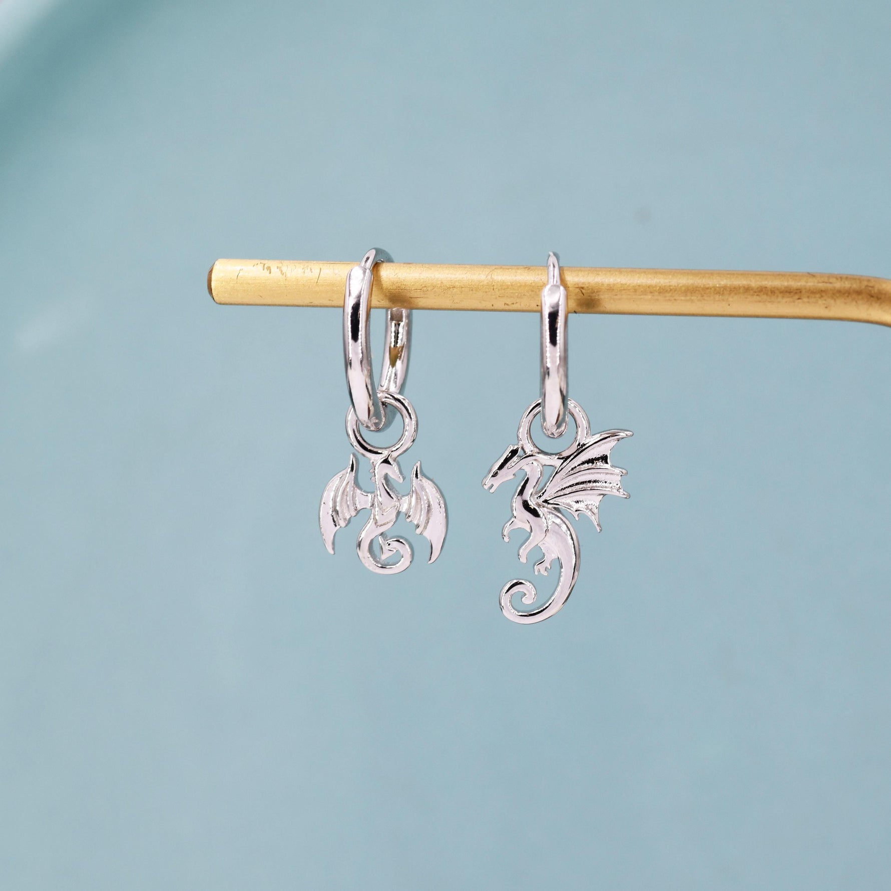 Mismatched Flying Dragon Huggie Hoop in Sterling Silver, Silver or Gold or Rose Gold, Asymmetric Detachable Dagon Dangle Hoop Earrings