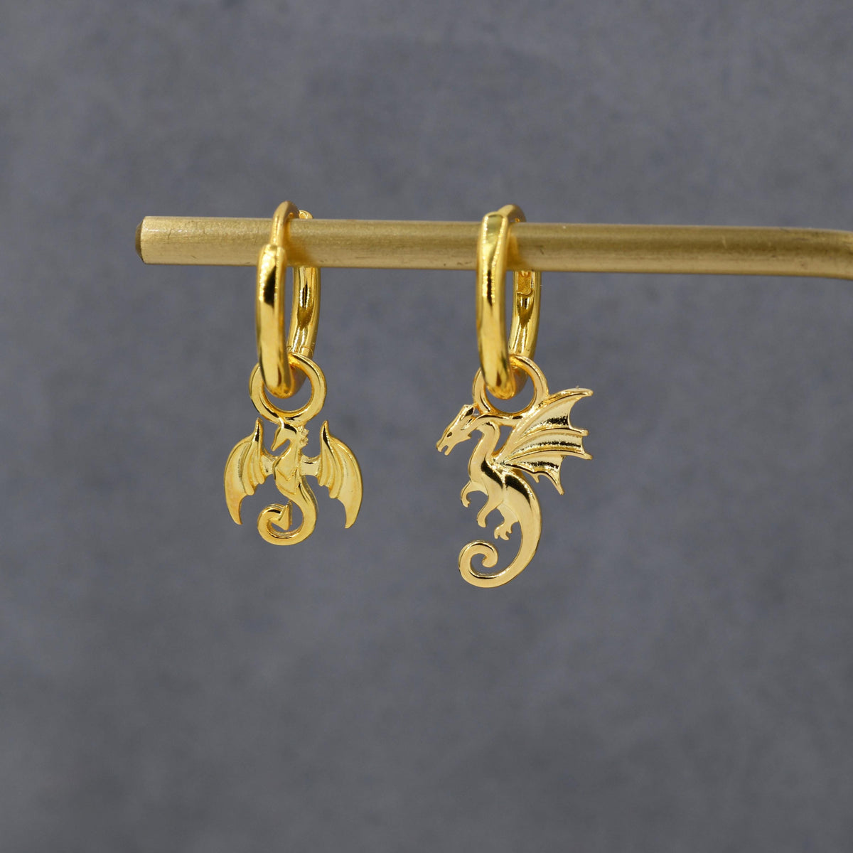 Mismatched Flying Dragon Huggie Hoop in Sterling Silver, Silver or Gold or Rose Gold, Asymmetric Detachable Dagon Dangle Hoop Earrings