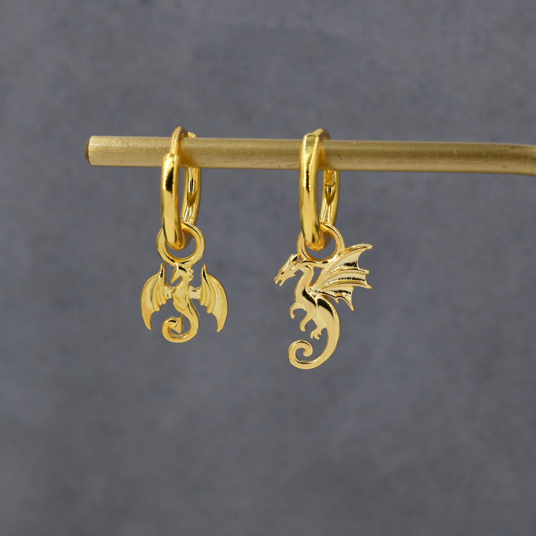 Mismatched Flying Dragon Huggie Hoop in Sterling Silver, Silver or Gold or Rose Gold, Asymmetric Detachable Dagon Dangle Hoop Earrings
