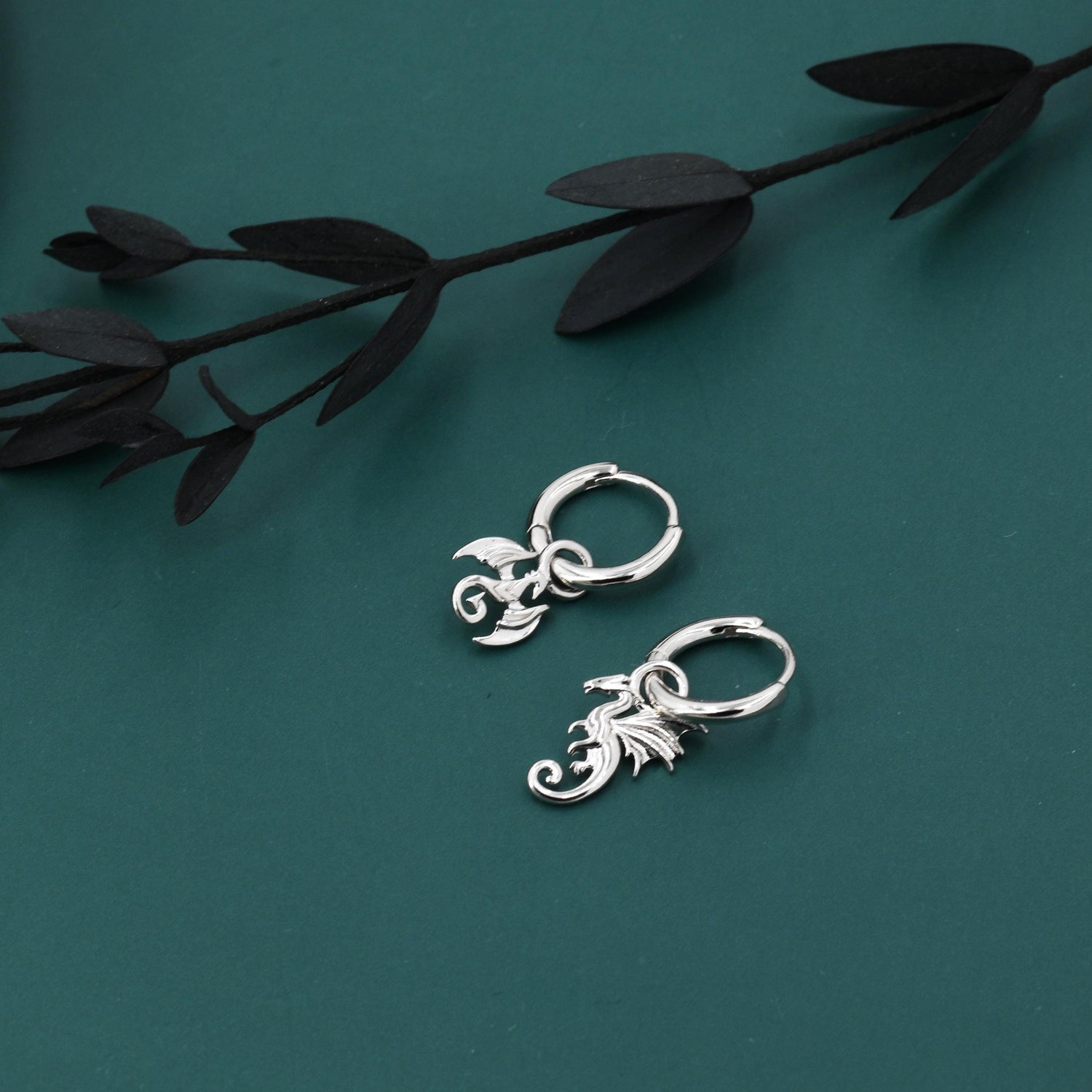 Mismatched Flying Dragon Huggie Hoop in Sterling Silver, Silver or Gold or Rose Gold, Asymmetric Detachable Dagon Dangle Hoop Earrings