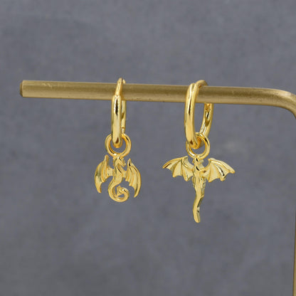 Mismatched Tiny Dragon Huggie Hoop in Sterling Silver, Silver or Gold or Rose Gold, Asymmetric, Detachable and Interchangeable