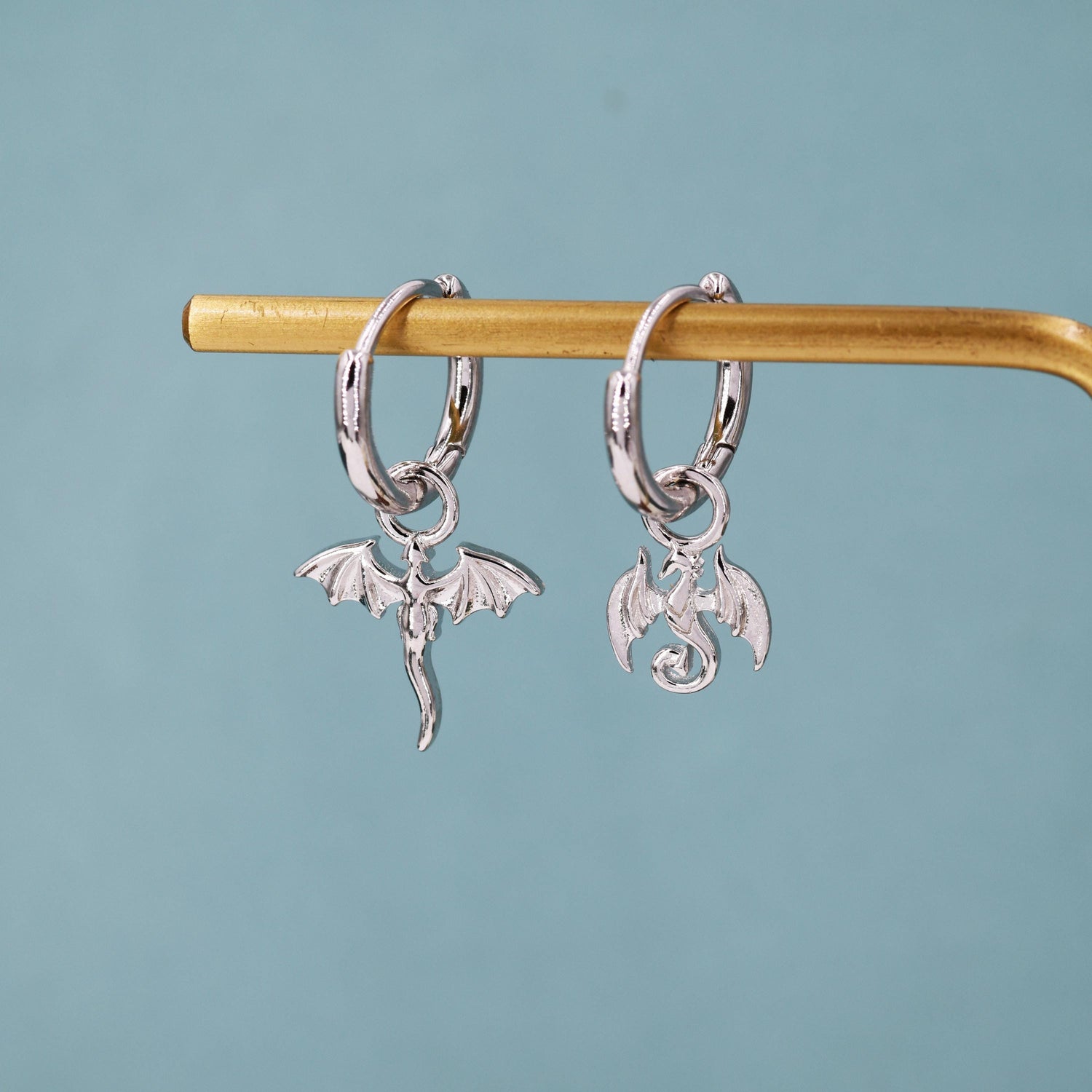Mismatched Tiny Dragon Huggie Hoop in Sterling Silver, Silver or Gold or Rose Gold, Asymmetric, Detachable and Interchangeable