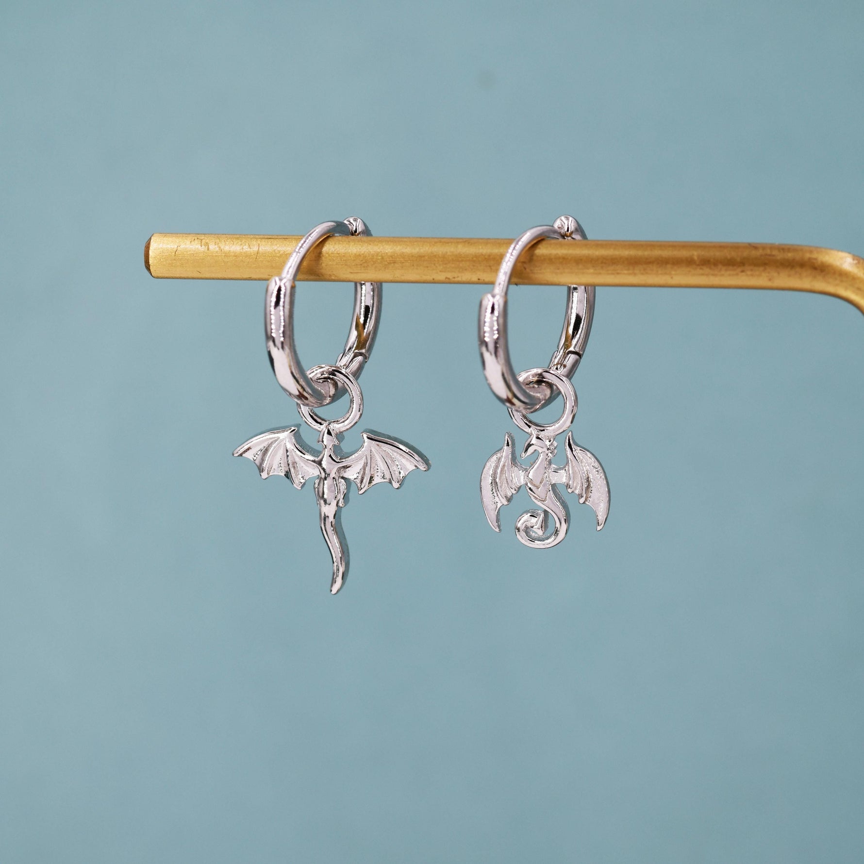 Mismatched Tiny Dragon Huggie Hoop in Sterling Silver, Silver or Gold or Rose Gold, Asymmetric, Detachable and Interchangeable
