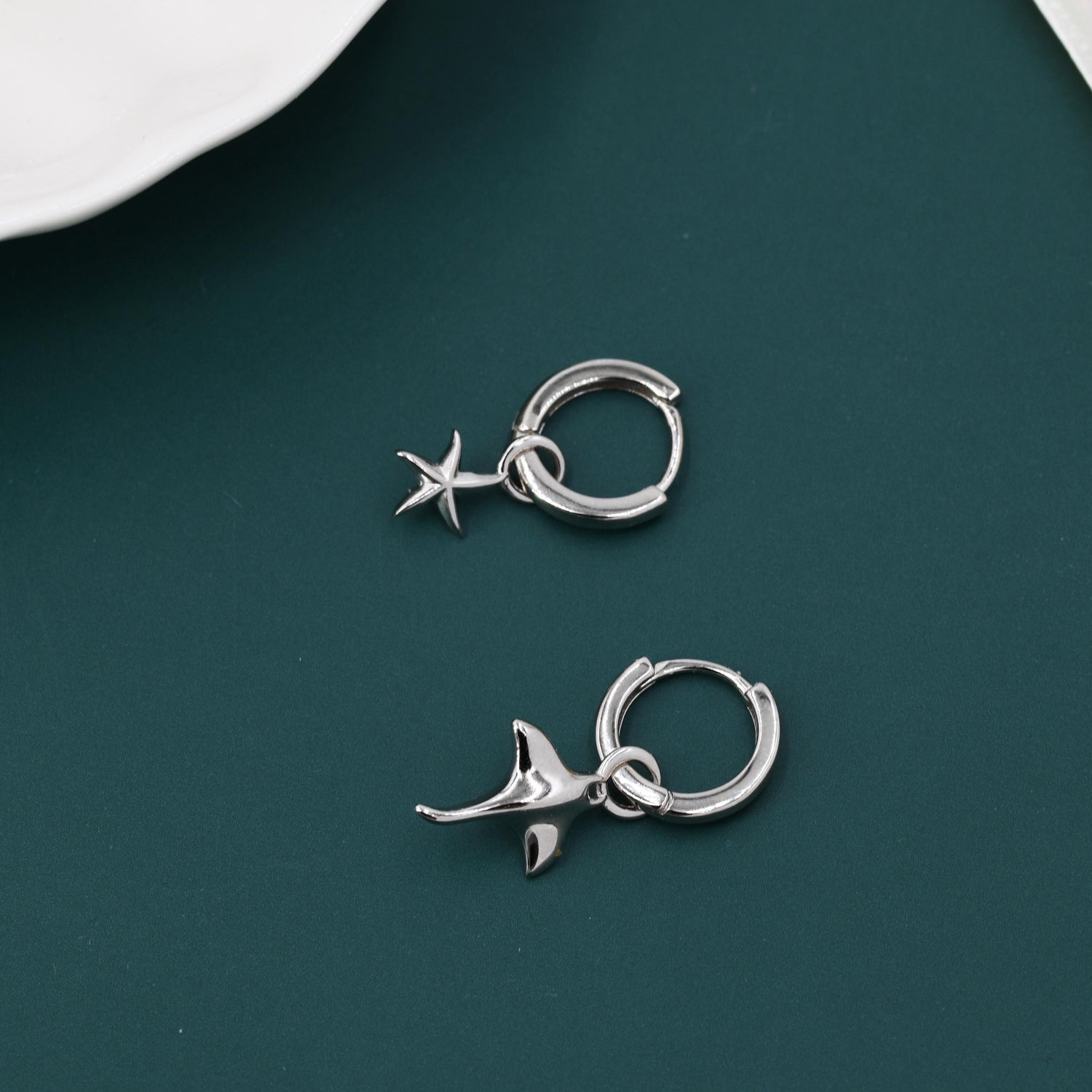 Mismatched Sterling Silver Manta Ray Fish and Starfish Huggie Hoop Earrings, Asymmetric Sea Star and Stingray Dangle Hoop Earrings,