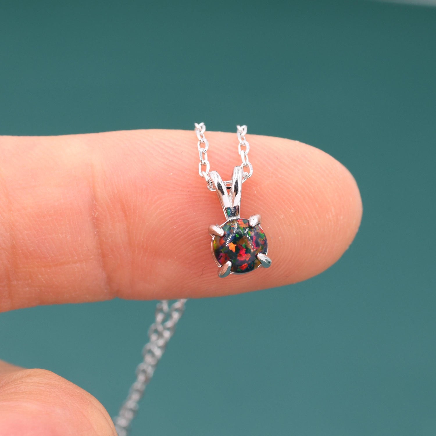 Tiny Black Opal Pendant Necklace in Sterling Silver, 5mm Lab Opal Necklace, Single Opal Necklace, Fire Opal Necklace