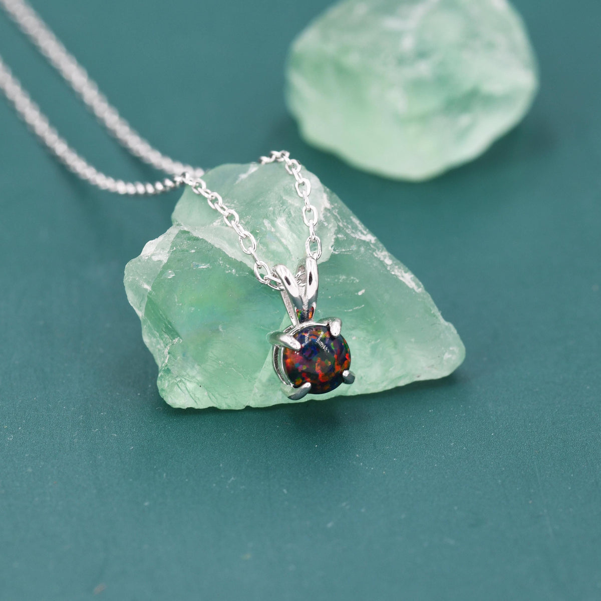 Tiny Black Opal Pendant Necklace in Sterling Silver, 5mm Lab Opal Necklace, Single Opal Necklace, Fire Opal Necklace