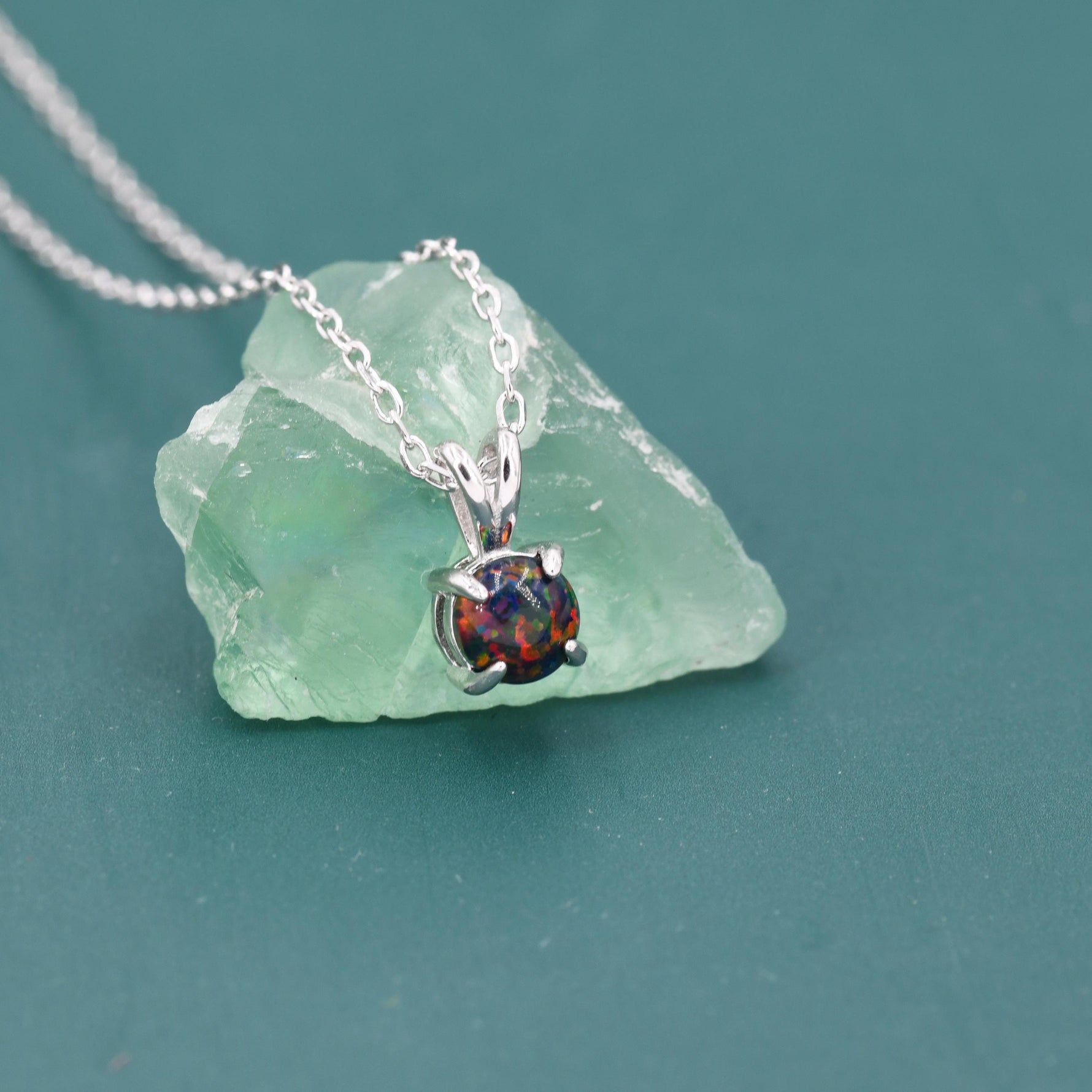 Tiny Black Opal Pendant Necklace in Sterling Silver, 5mm Lab Opal Necklace, Single Opal Necklace, Fire Opal Necklace