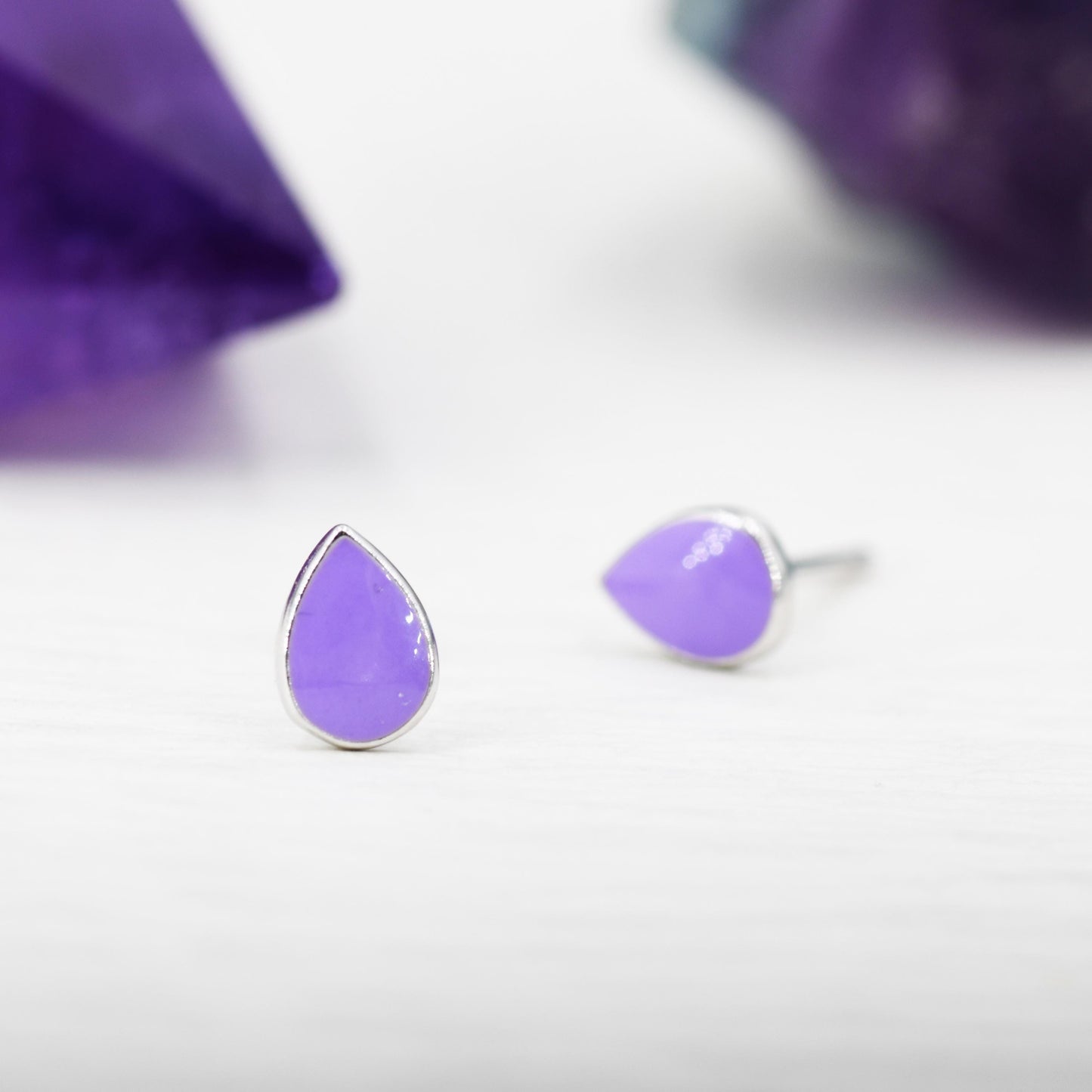 Enamel Purple Droplet Dot Stud Earrings in Sterling Silver with Hand Painted Enamel, Pastel Purple Stud, Enamel Droplet, Drop Shape