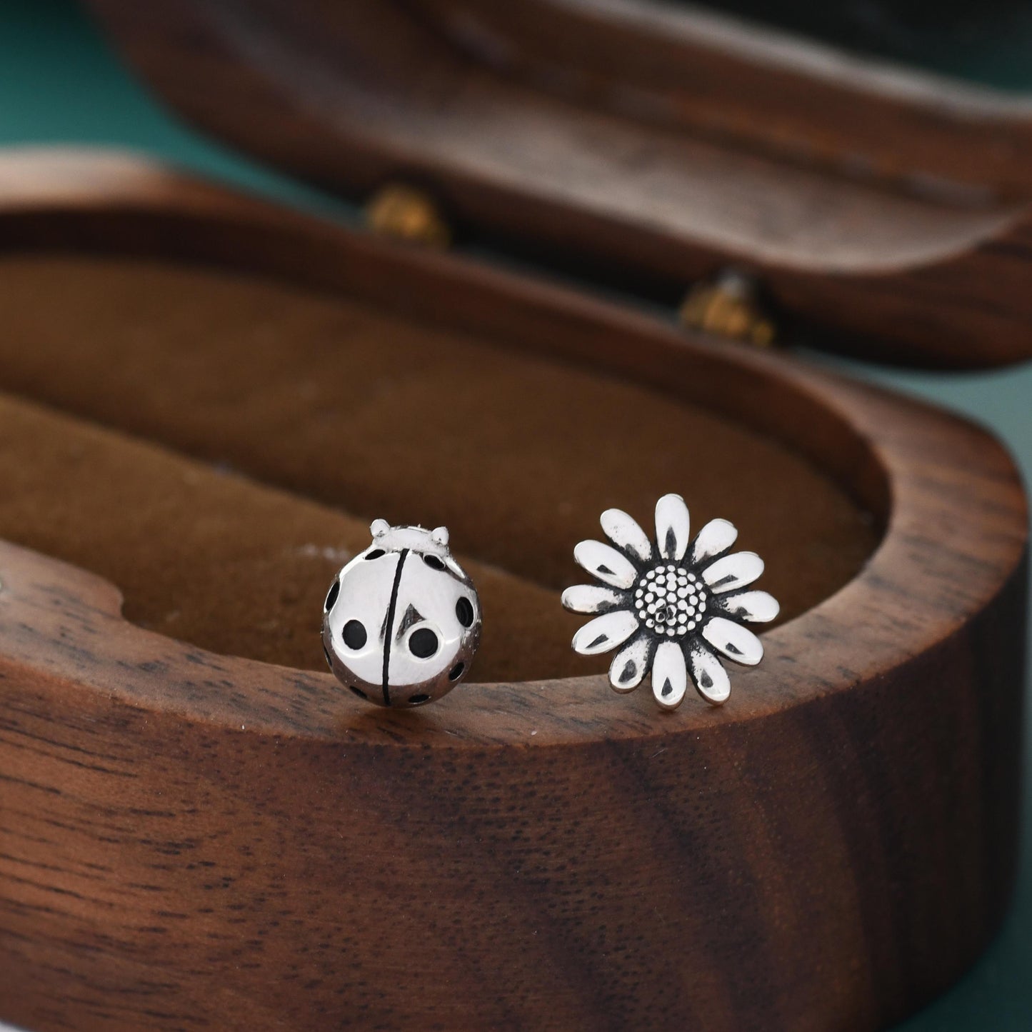 Mismatched Ladybird and Daisy Flower Stud Earrings in Sterling Silver, Silver ladybird Earrings, Asymmetric Nature Inspired Earrings