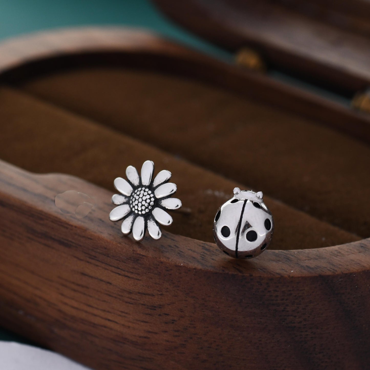 Mismatched Ladybird and Daisy Flower Stud Earrings in Sterling Silver, Silver ladybird Earrings, Asymmetric Nature Inspired Earrings