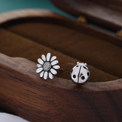 Mismatched Ladybird and Daisy Flower Stud Earrings in Sterling Silver, Silver ladybird Earrings, Asymmetric Nature Inspired Earrings