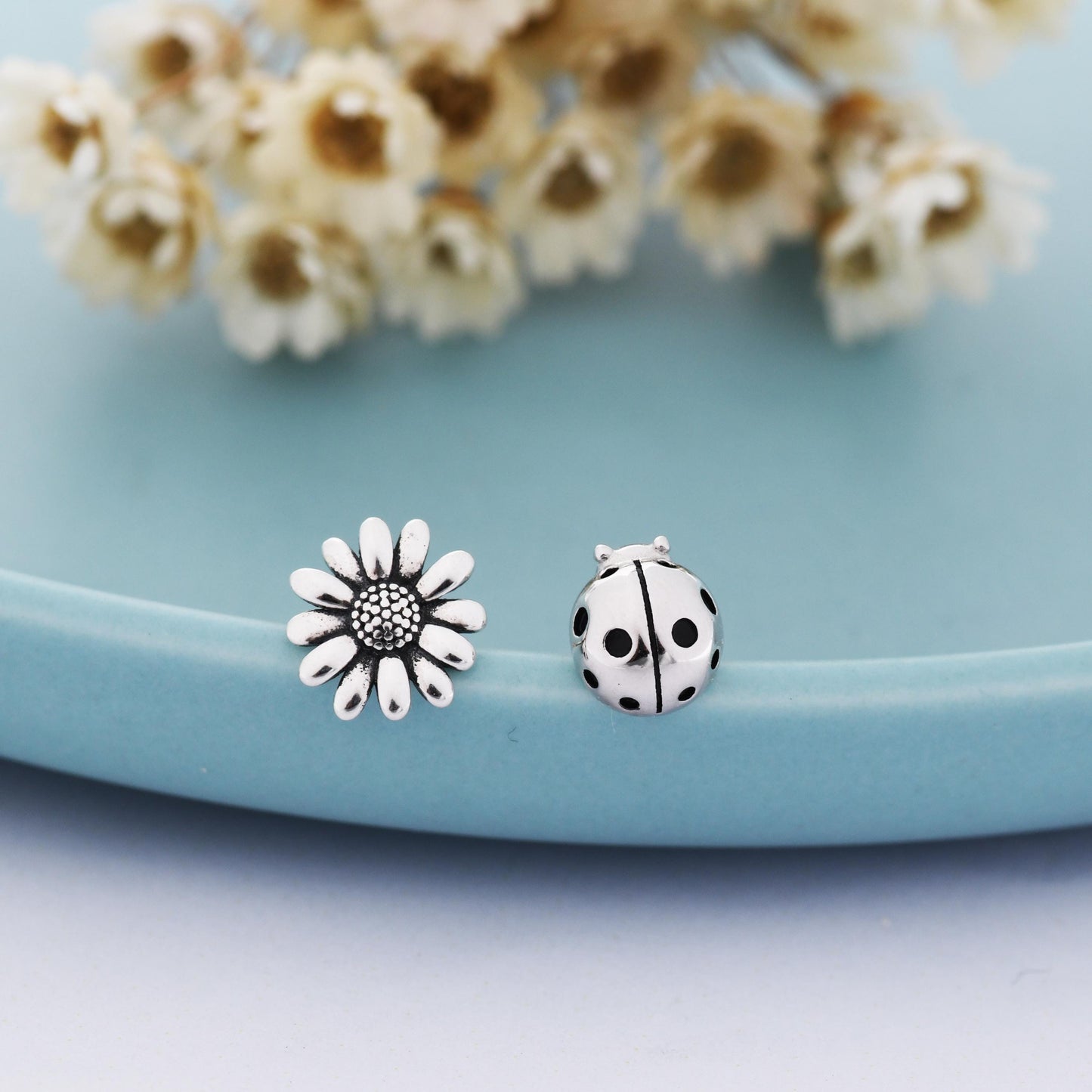 Mismatched Ladybird and Daisy Flower Stud Earrings in Sterling Silver, Silver ladybird Earrings, Asymmetric Nature Inspired Earrings