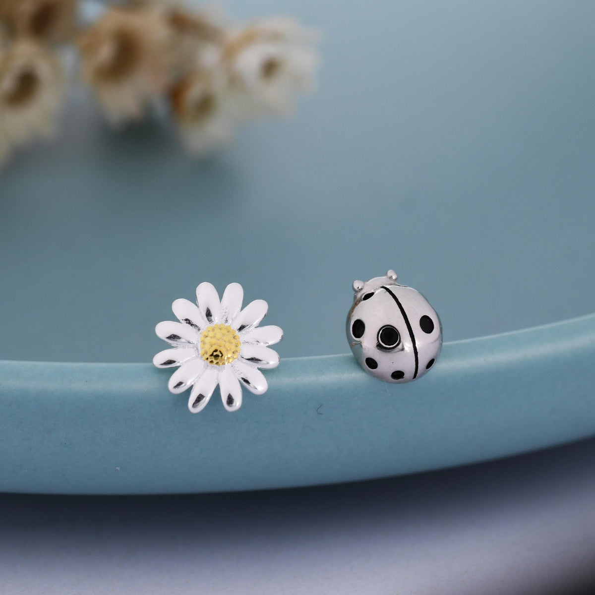 Mismatched Ladybird and Daisy Stud Earrings in Sterling Silver, Silver ladybird Earrings, Asymmetric Nature Inspired Earrings