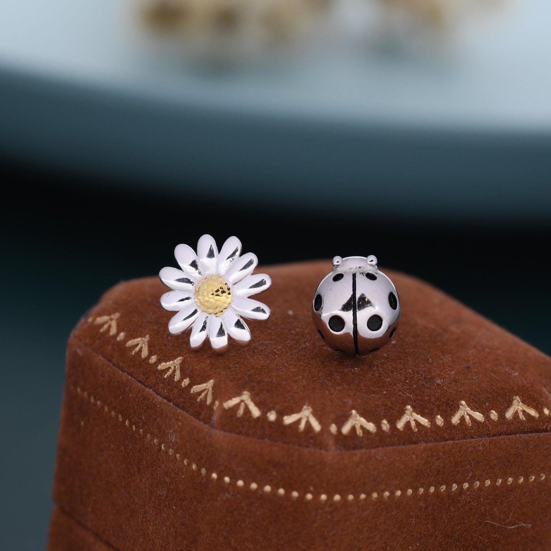 Mismatched Ladybird and Daisy Stud Earrings in Sterling Silver, Silver ladybird Earrings, Asymmetric Nature Inspired Earrings