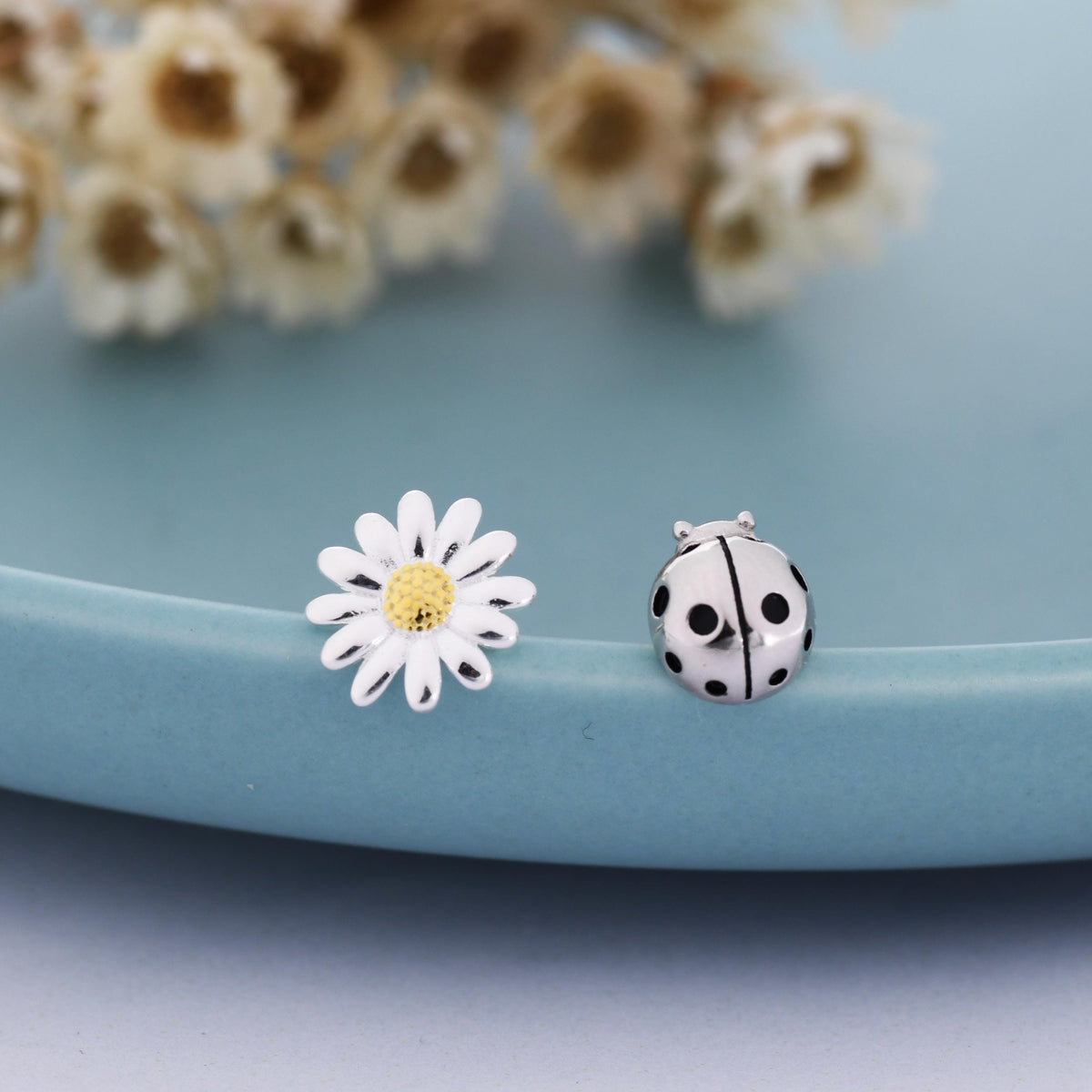 Mismatched Ladybird and Daisy Stud Earrings in Sterling Silver, Silver ladybird Earrings, Asymmetric Nature Inspired Earrings
