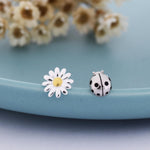 Mismatched Ladybird and Daisy Stud Earrings in Sterling Silver, Silver ladybird Earrings, Asymmetric Nature Inspired Earrings