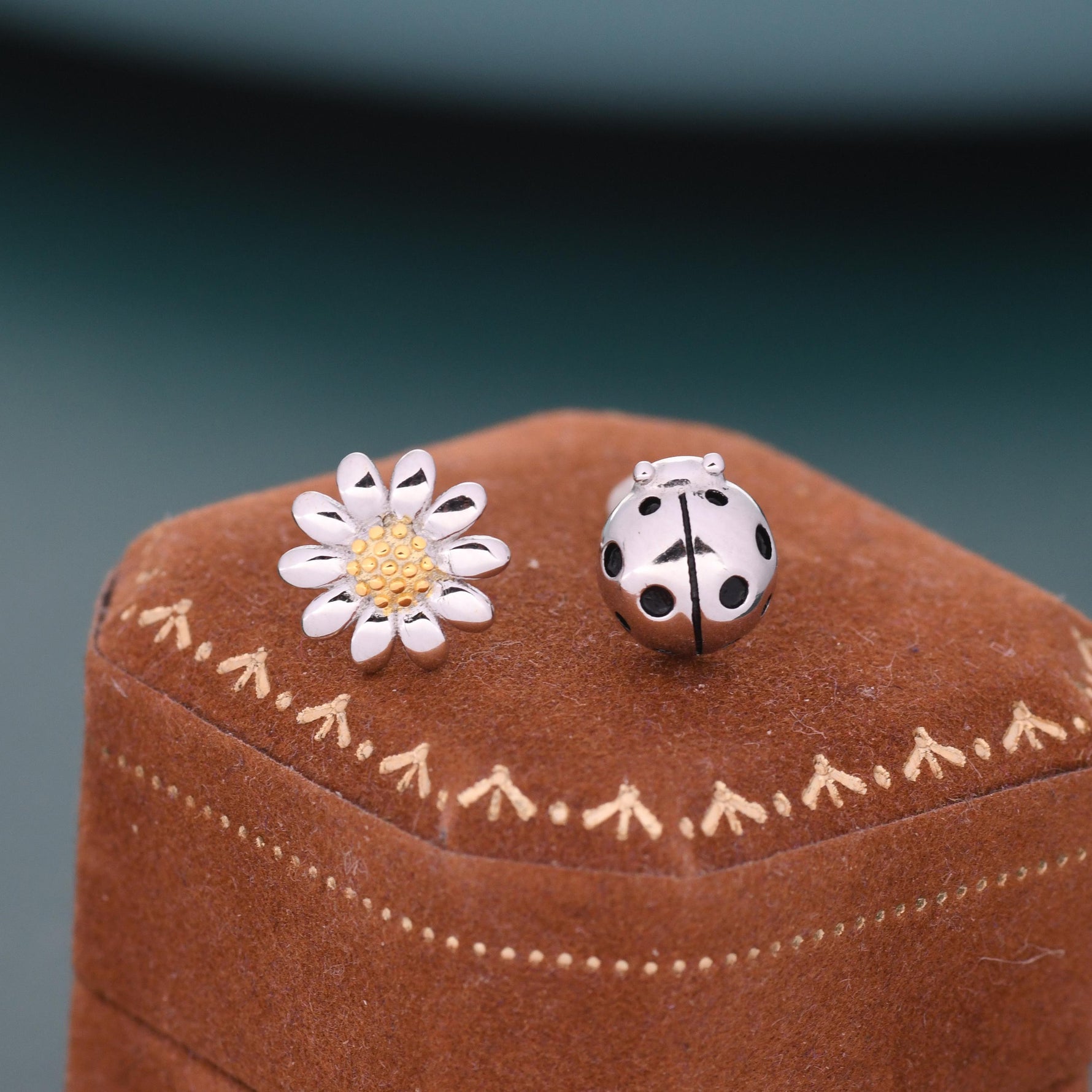 Mismatched Ladybird and Daisy Stud Earrings in Sterling Silver, Silver ladybird Earrings, Asymmetric Nature Inspired Earrings