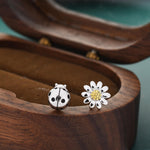 Mismatched Ladybird and Daisy Stud Earrings in Sterling Silver, Silver ladybird Earrings, Asymmetric Nature Inspired Earrings
