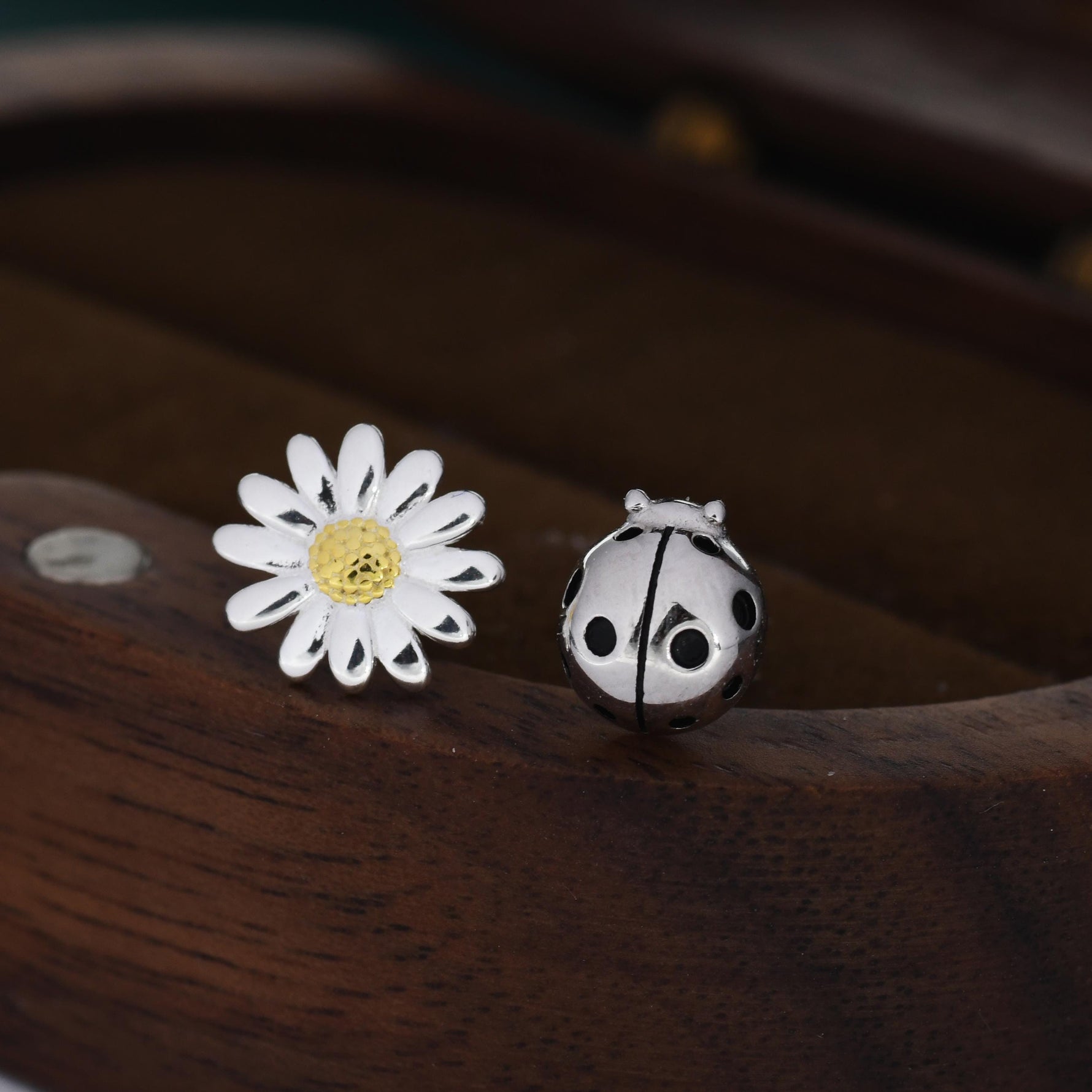 Mismatched Ladybird and Daisy Stud Earrings in Sterling Silver, Silver ladybird Earrings, Asymmetric Nature Inspired Earrings