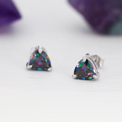 6mm Trillion Cut Mystic Black CZ Stud Earrings in Sterling Silver, Silver or Gold, Cubic Zirconia Crystal Earrings