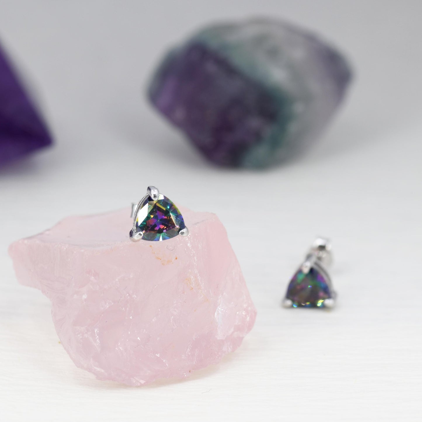 6mm Trillion Cut Mystic Black CZ Stud Earrings in Sterling Silver, Silver or Gold, Cubic Zirconia Crystal Earrings