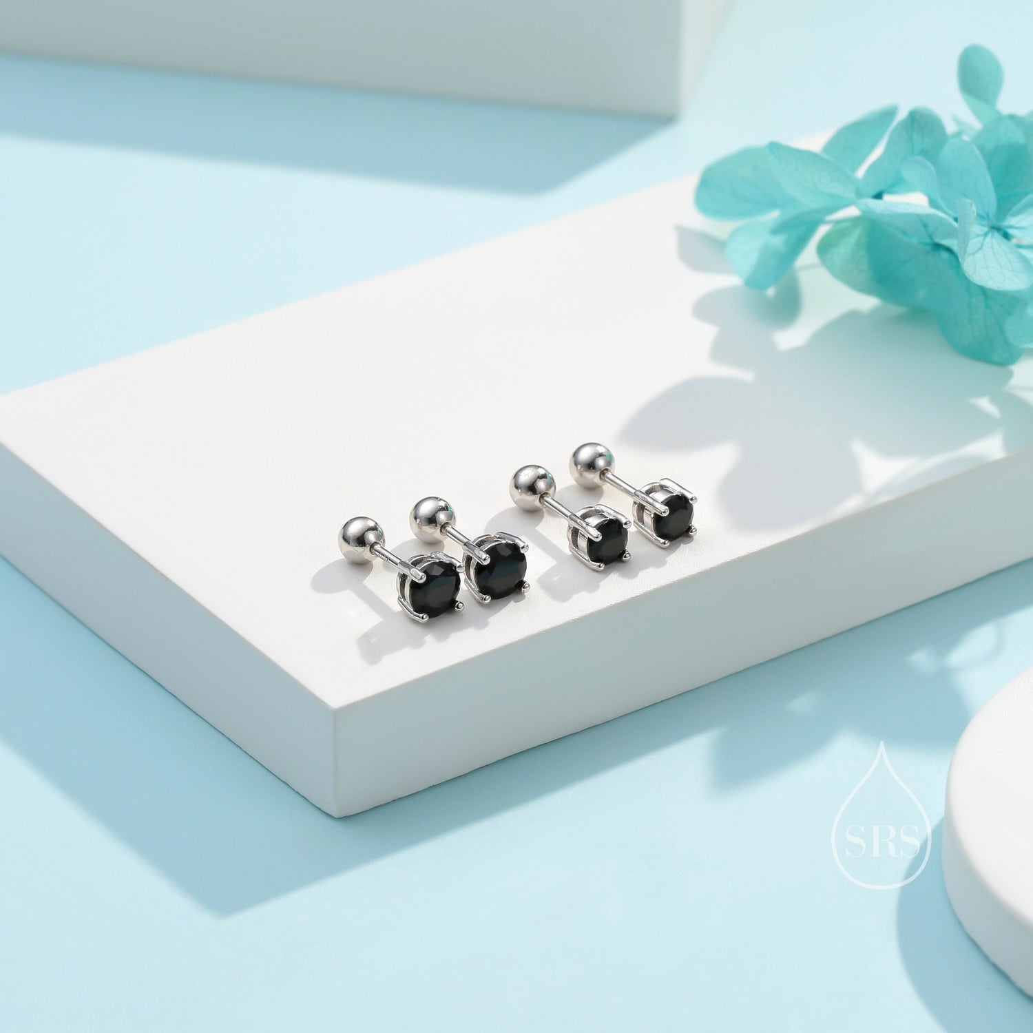 Tiny Black CZ Screw Back Earrings in Sterling Silver, 3mm or 4mm or 5mm CZ, Stacking Earrings, Black CZ Barbell Earrings, Helix Earrings