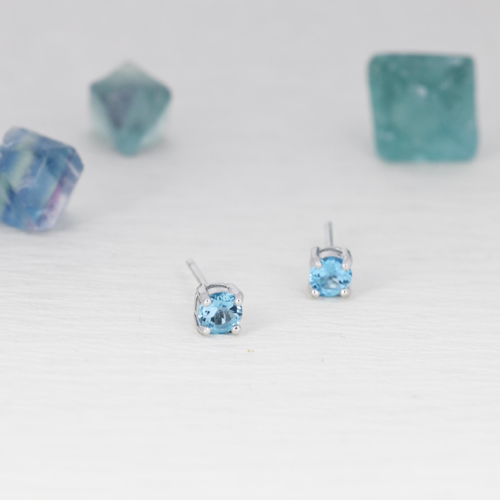 Sterling Silver Natural Topaz Stud Earrings, 4mm Prong Set, Genuine Blue Topaz Gemstone Stud, Minimalist Style,