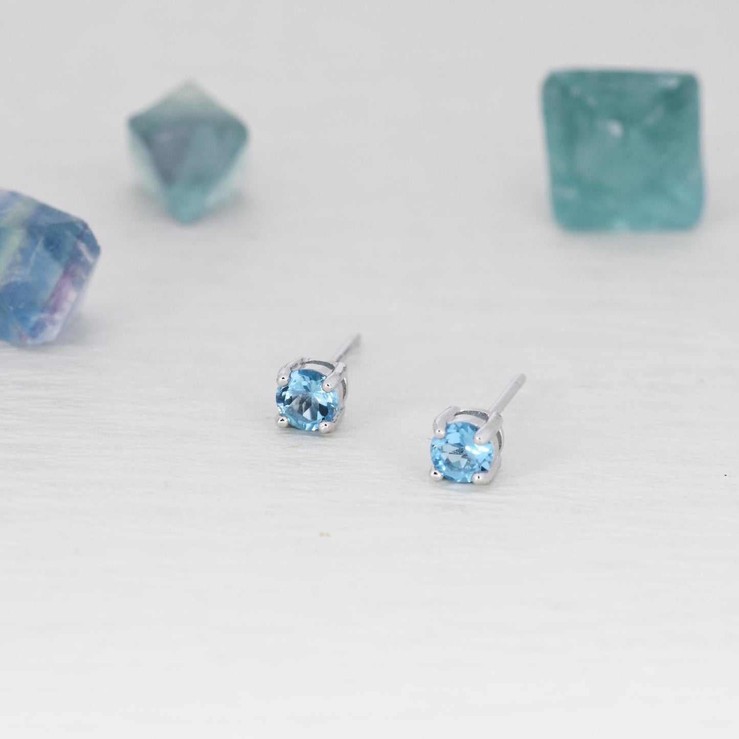 Sterling Silver Natural Topaz Stud Earrings, 4mm Prong Set, Genuine Blue Topaz Gemstone Stud, Minimalist Style,