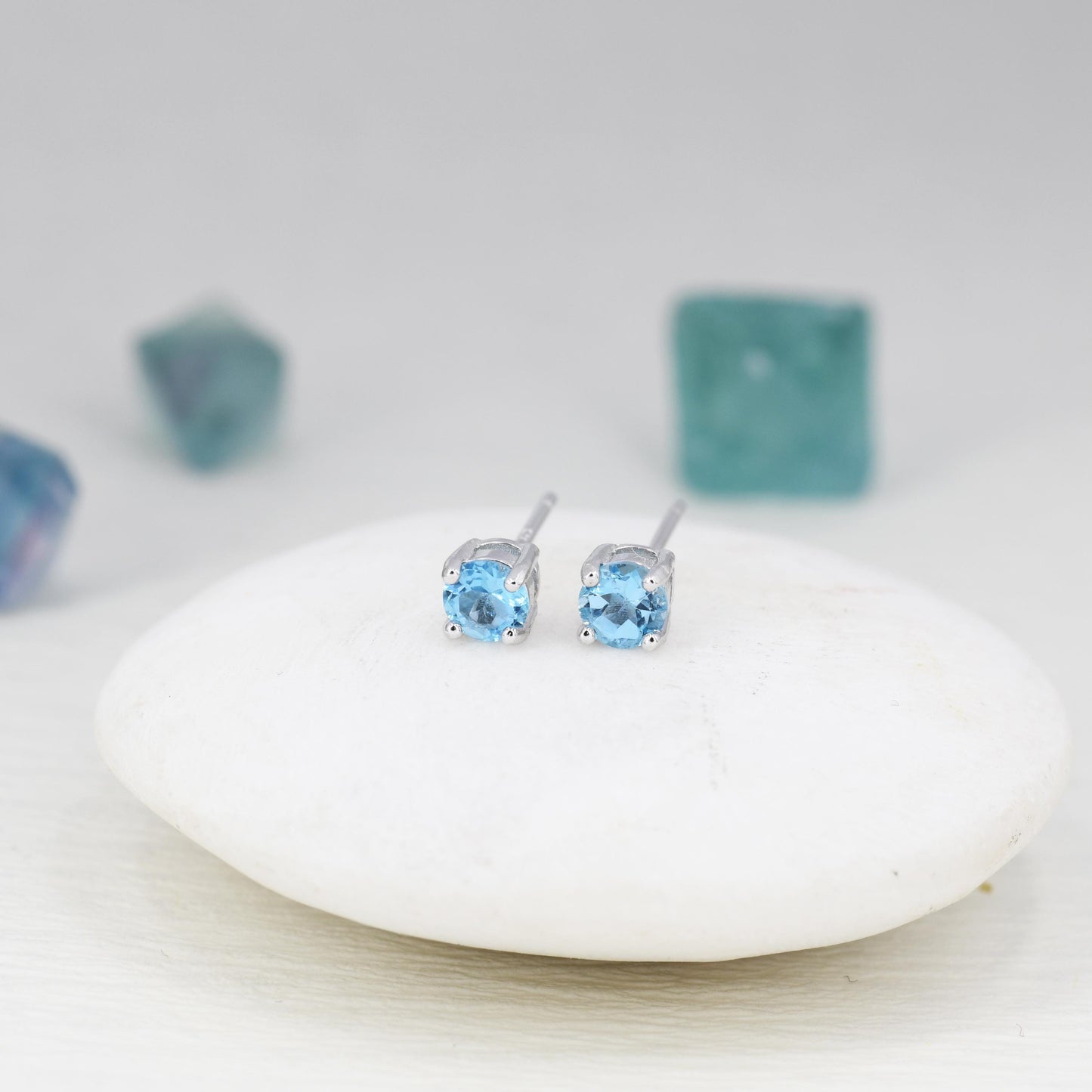 Sterling Silver Natural Topaz Stud Earrings, 4mm Prong Set, Genuine Blue Topaz Gemstone Stud, Minimalist Style,