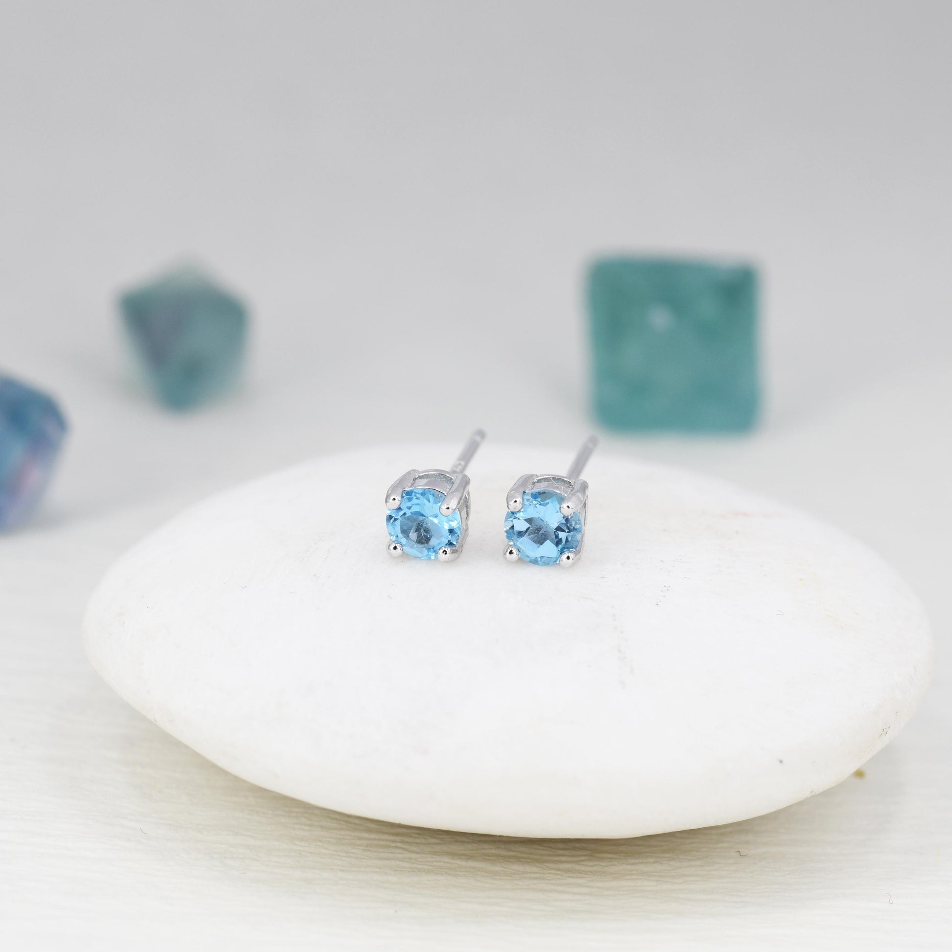 Sterling Silver Natural Topaz Stud Earrings, 4mm Prong Set, Genuine Blue Topaz Gemstone Stud, Minimalist Style,